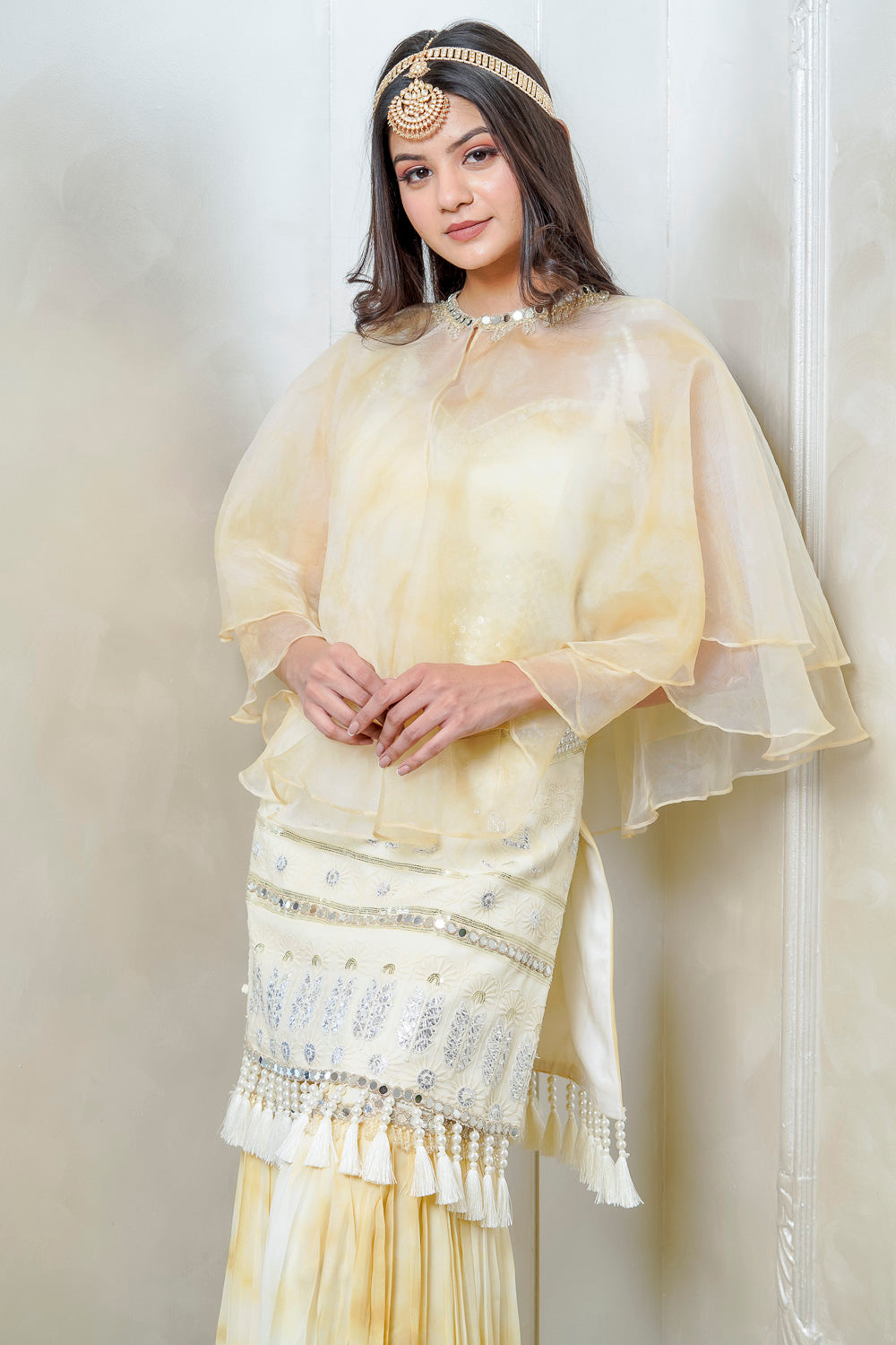 LEMON YELLOW TIE AND DYE CAPE SHARARA SET (7558637256950)