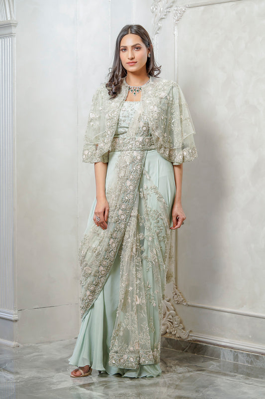 MINT GREEN PRE DRAPED CAPE EMBELLISHED SAREE (7558675235062)