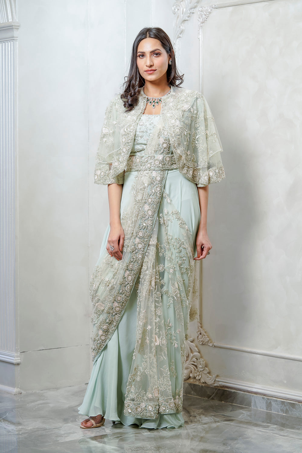 MINT GREEN PRE DRAPED CAPE EMBELLISHED SAREE (7558675235062)