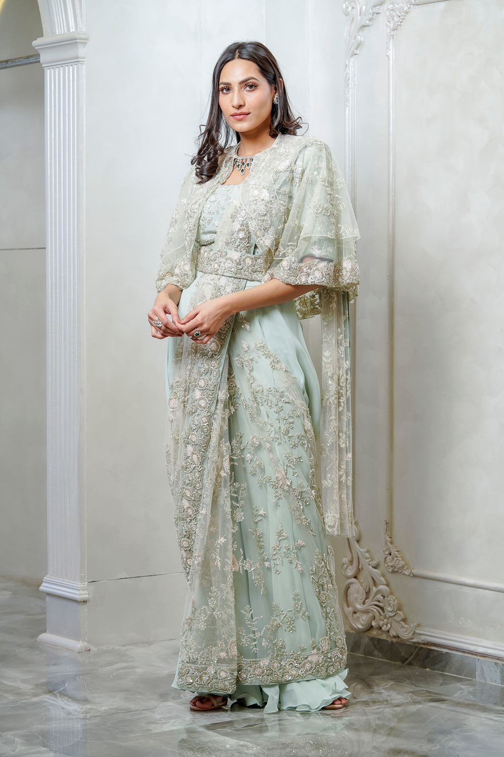 MINT GREEN PRE DRAPED CAPE EMBELLISHED SAREE (7558675235062)