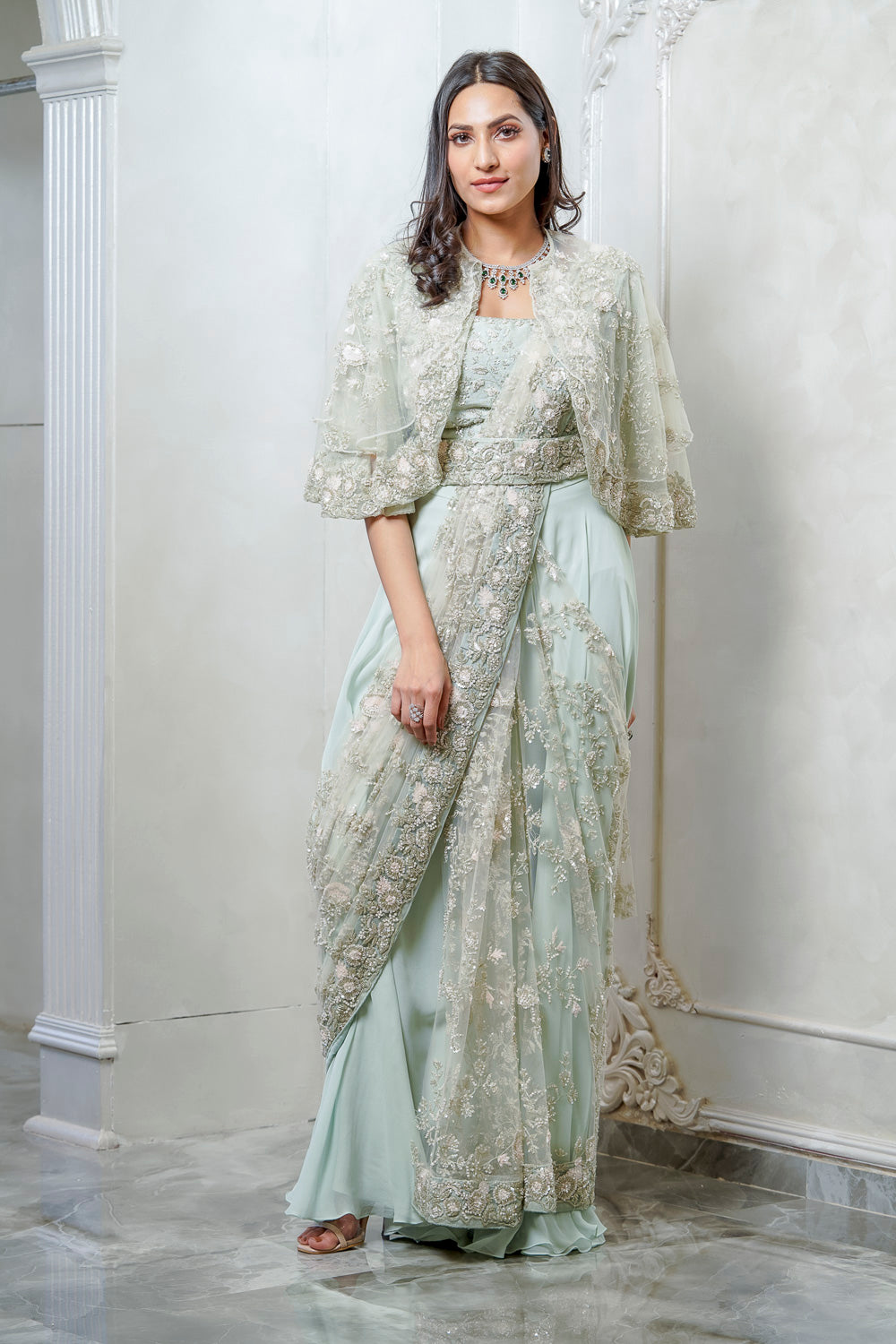MINT GREEN PRE DRAPED CAPE EMBELLISHED SAREE (7558675235062)