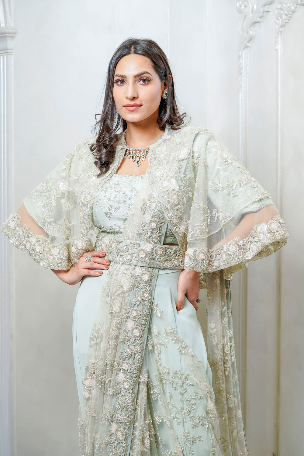 MINT GREEN PRE DRAPED CAPE EMBELLISHED SAREE (7558675235062)