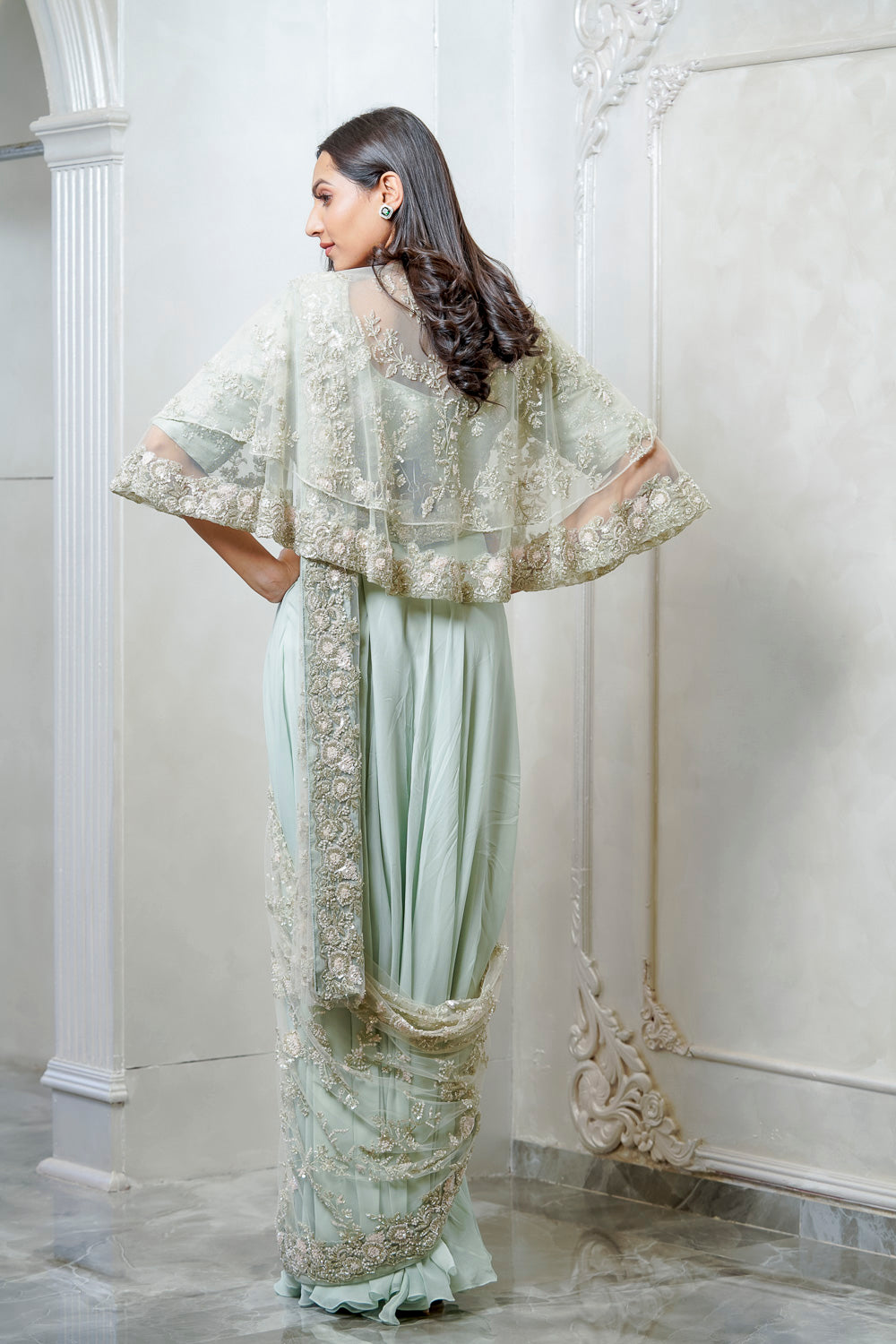MINT GREEN PRE DRAPED CAPE EMBELLISHED SAREE (7558675235062)