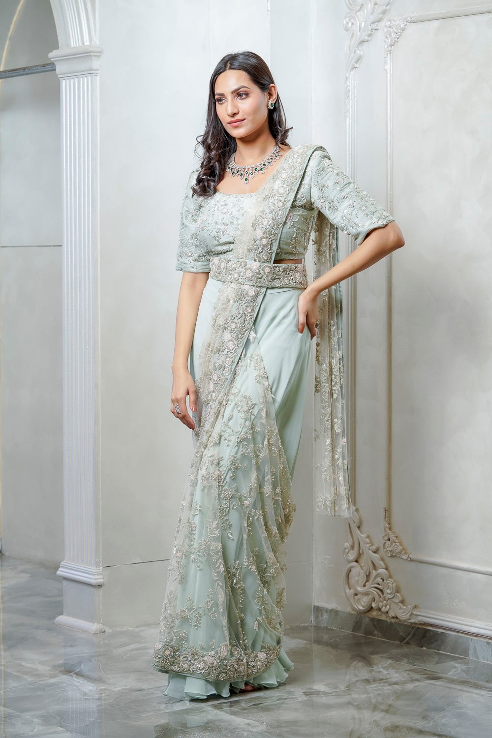 MINT GREEN PRE DRAPED CAPE EMBELLISHED SAREE (7558675235062)
