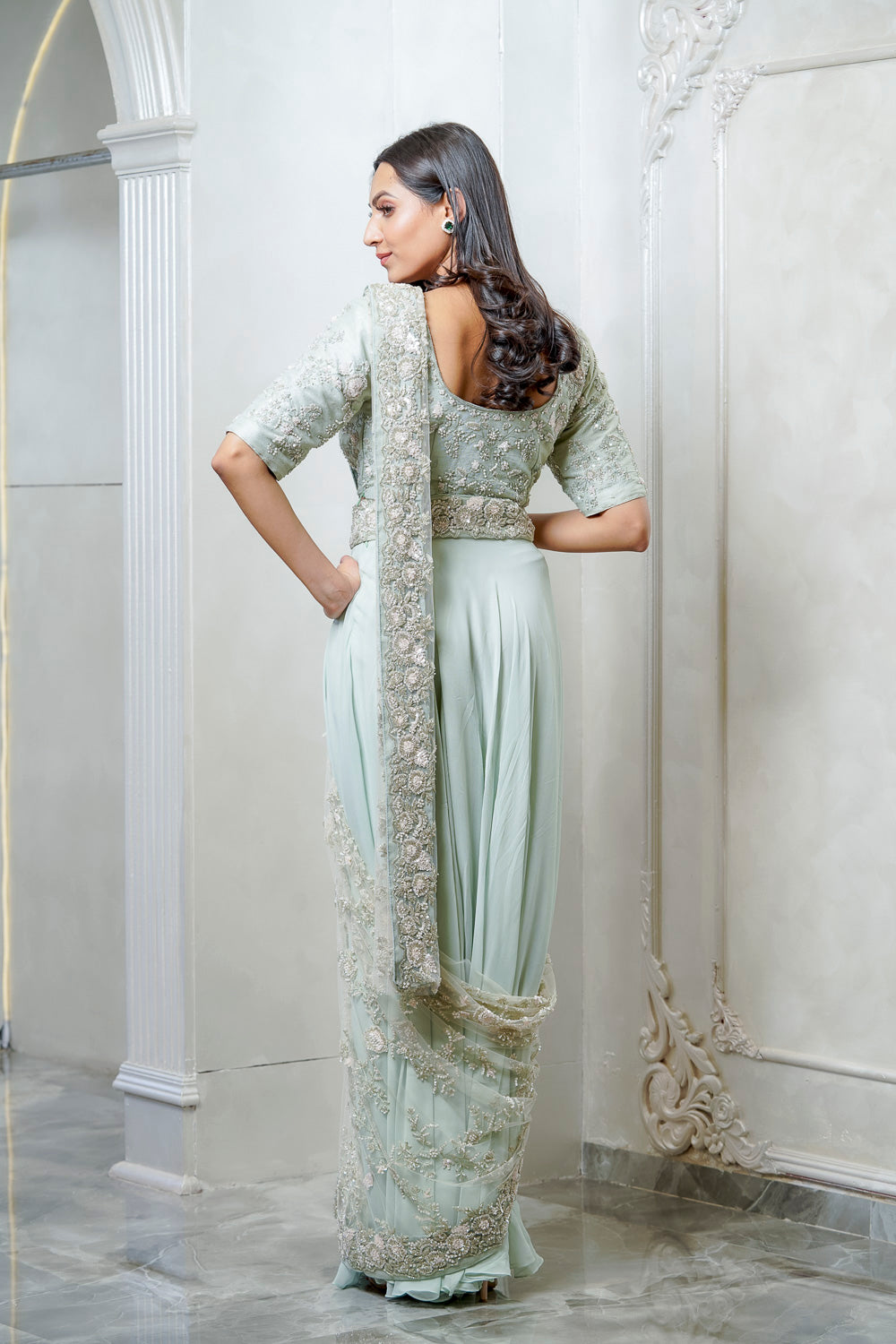 MINT GREEN PRE DRAPED CAPE EMBELLISHED SAREE (7558675235062)