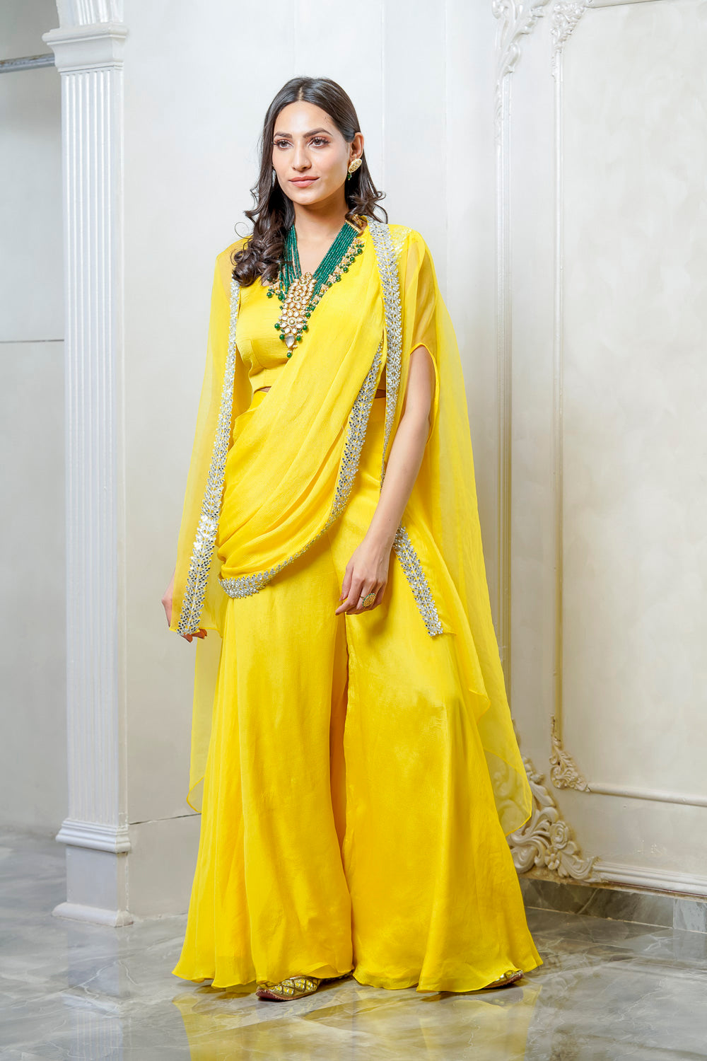 YELLOW EMBELLISHED CAPE SHARARA SET (7559058522358)