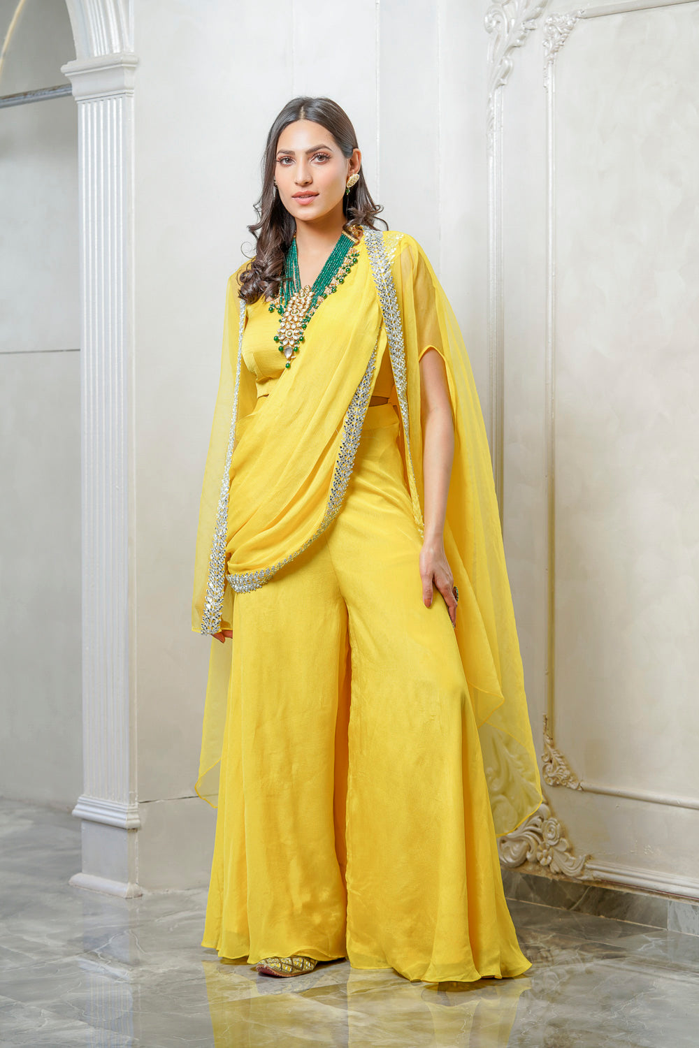 YELLOW EMBELLISHED CAPE SHARARA SET (7559058522358)