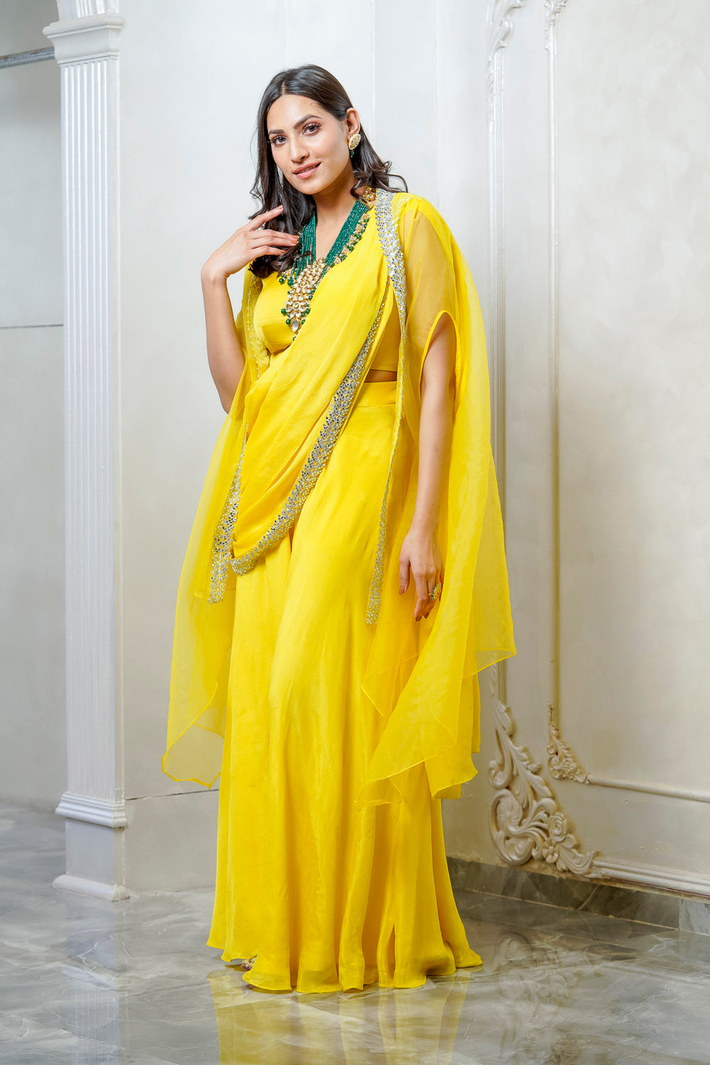 YELLOW EMBELLISHED CAPE SHARARA SET (7559058522358)