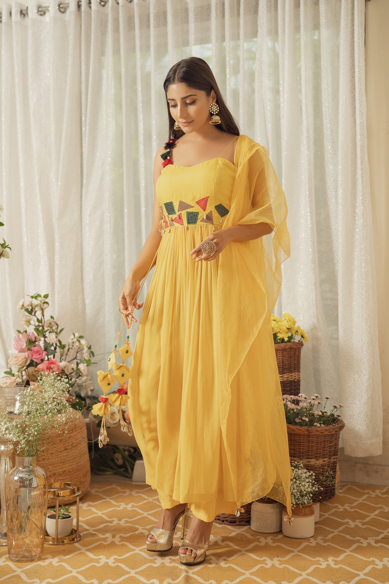 YELLOW THREAD WORK KURTA SET (6926675509431)