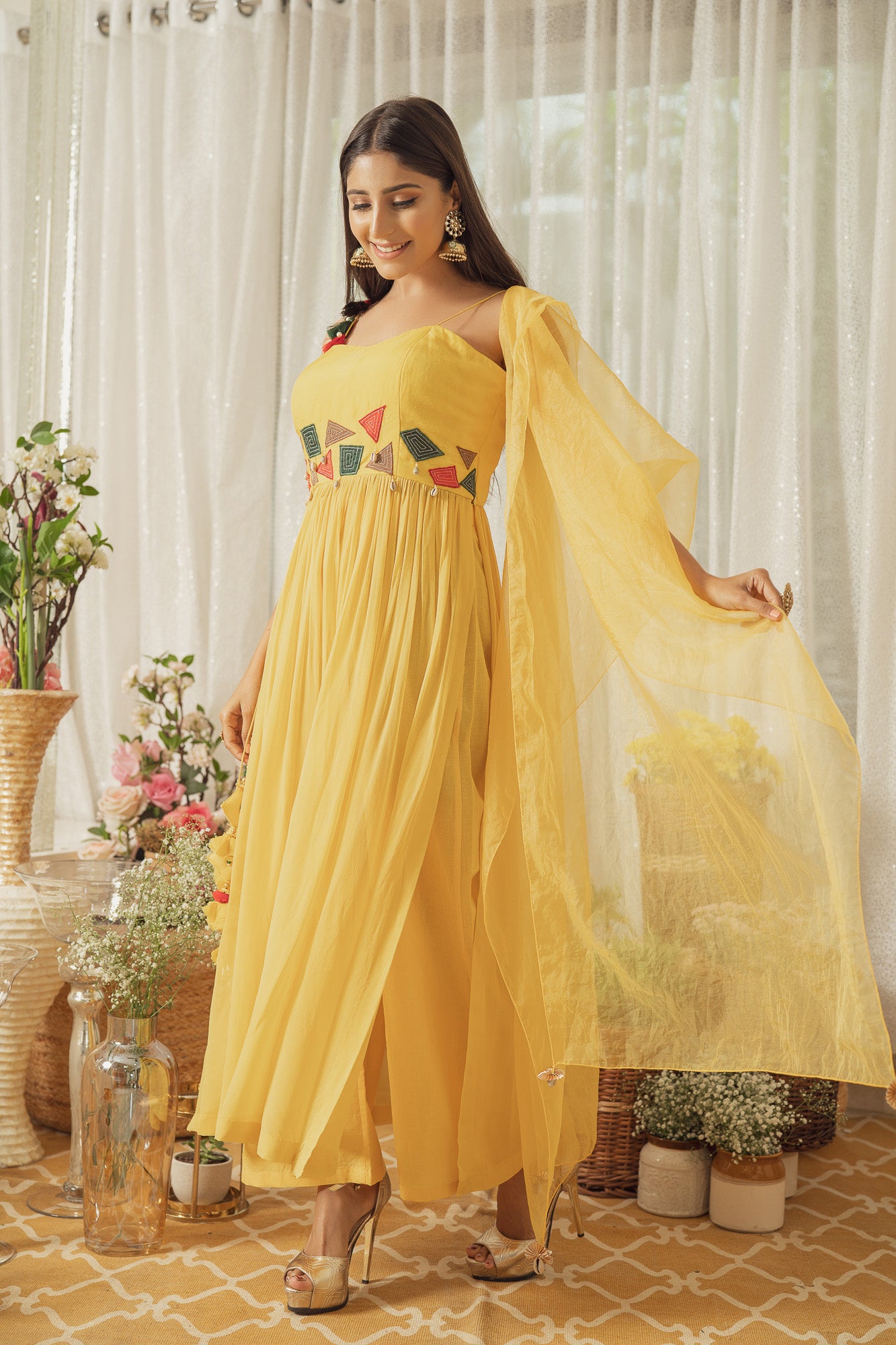 YELLOW THREAD WORK KURTA SET (6926675509431)