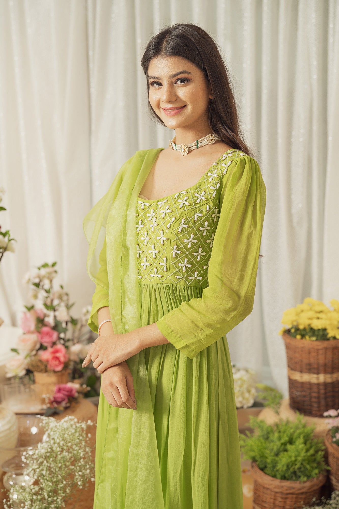 GREEN MOTI WORK KURTA SET (6926793343159)