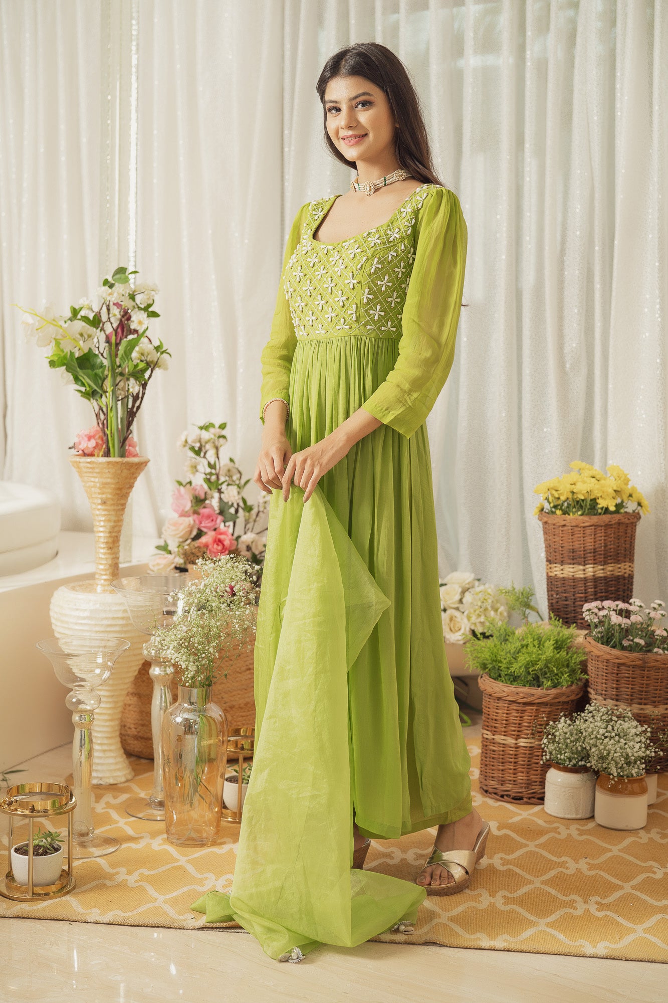 GREEN MOTI WORK KURTA SET (6926793343159)