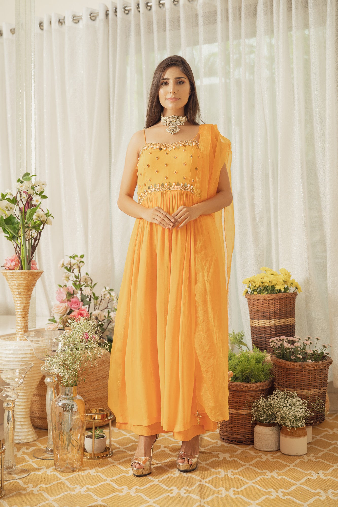 MUSTARD MIRROR WORK KURTA SET (6926799208631)