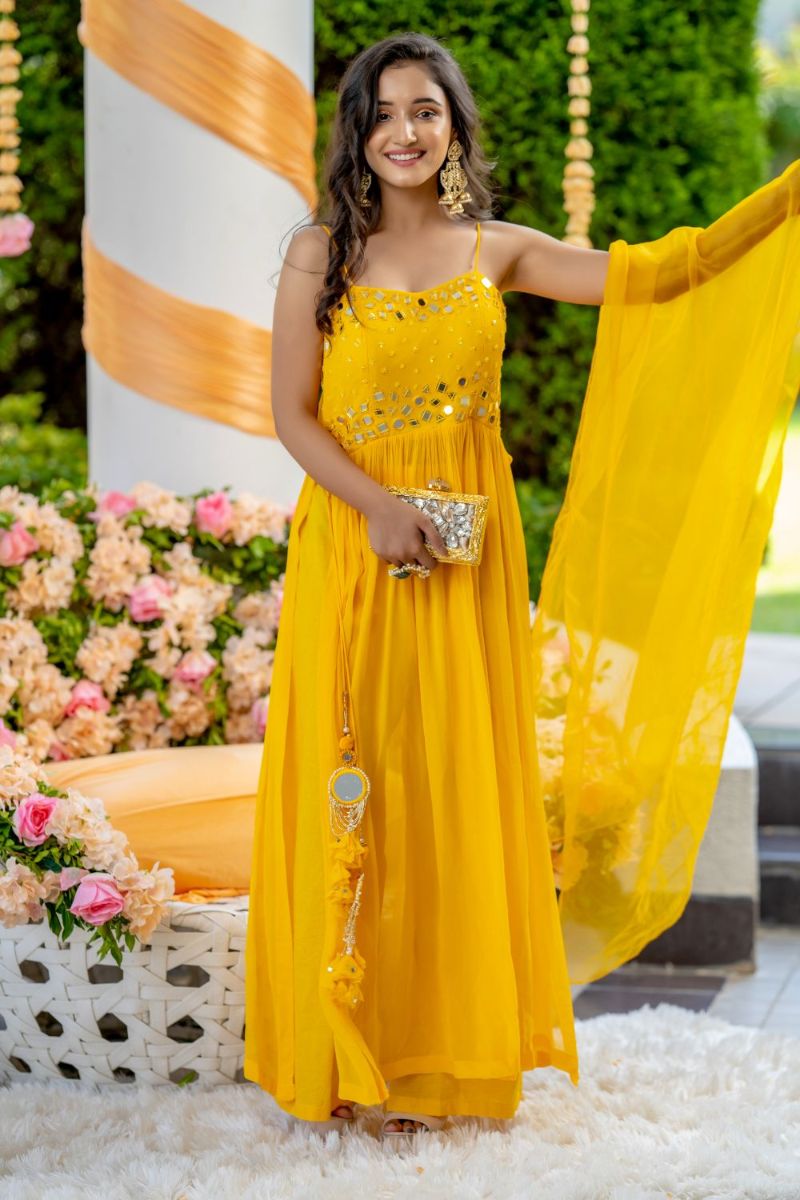 Patola Yellow Mirror Kurta Set (7574616604918)