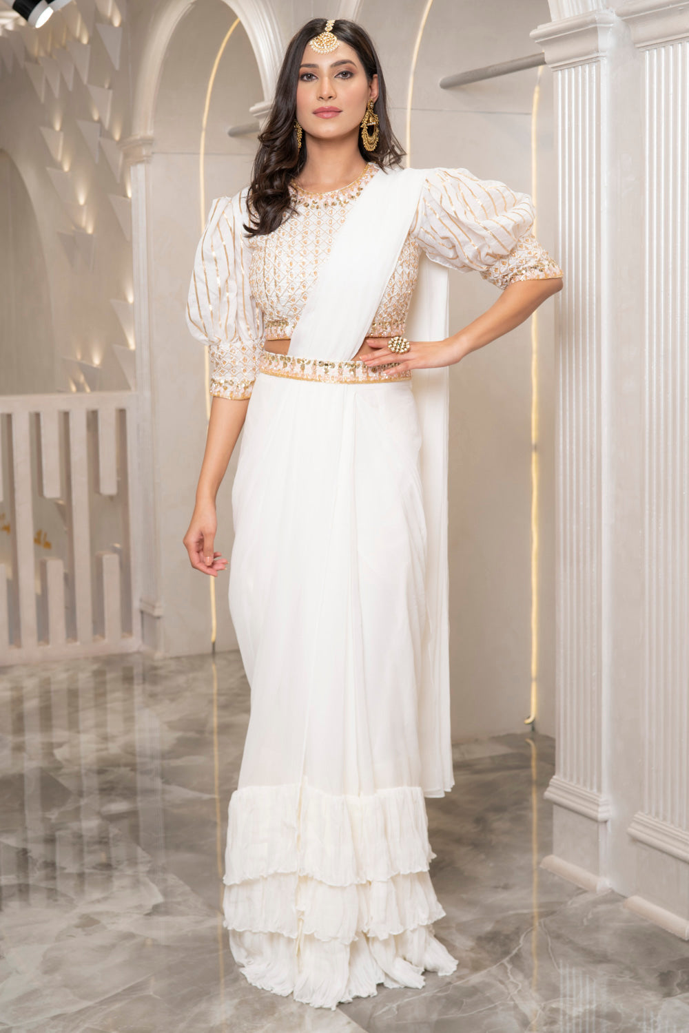 White Georgette Saree With Embroidered Blouse (7527254130934)