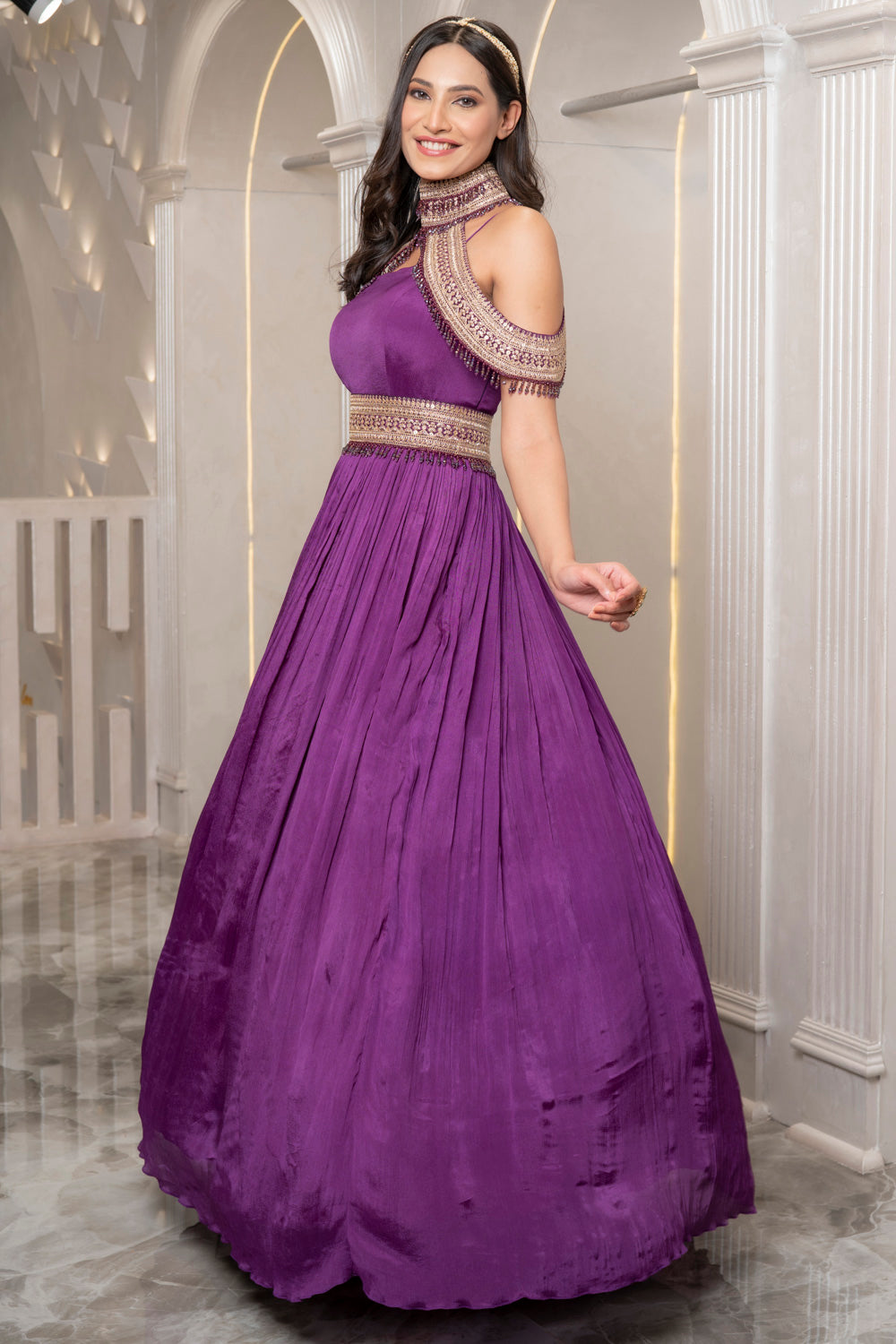 Wine Gown With Embroidered Cape And Belt (7527259341046)