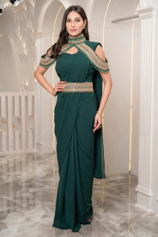 BOTTLE GREEN PRE DRAPED SAREE WITH EMBROIDERED CAPE (7531167482102)