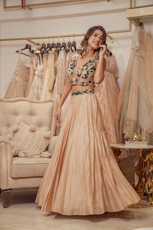 ROSE GOLD CHANDERI LEHENGA SET (6851363602615)