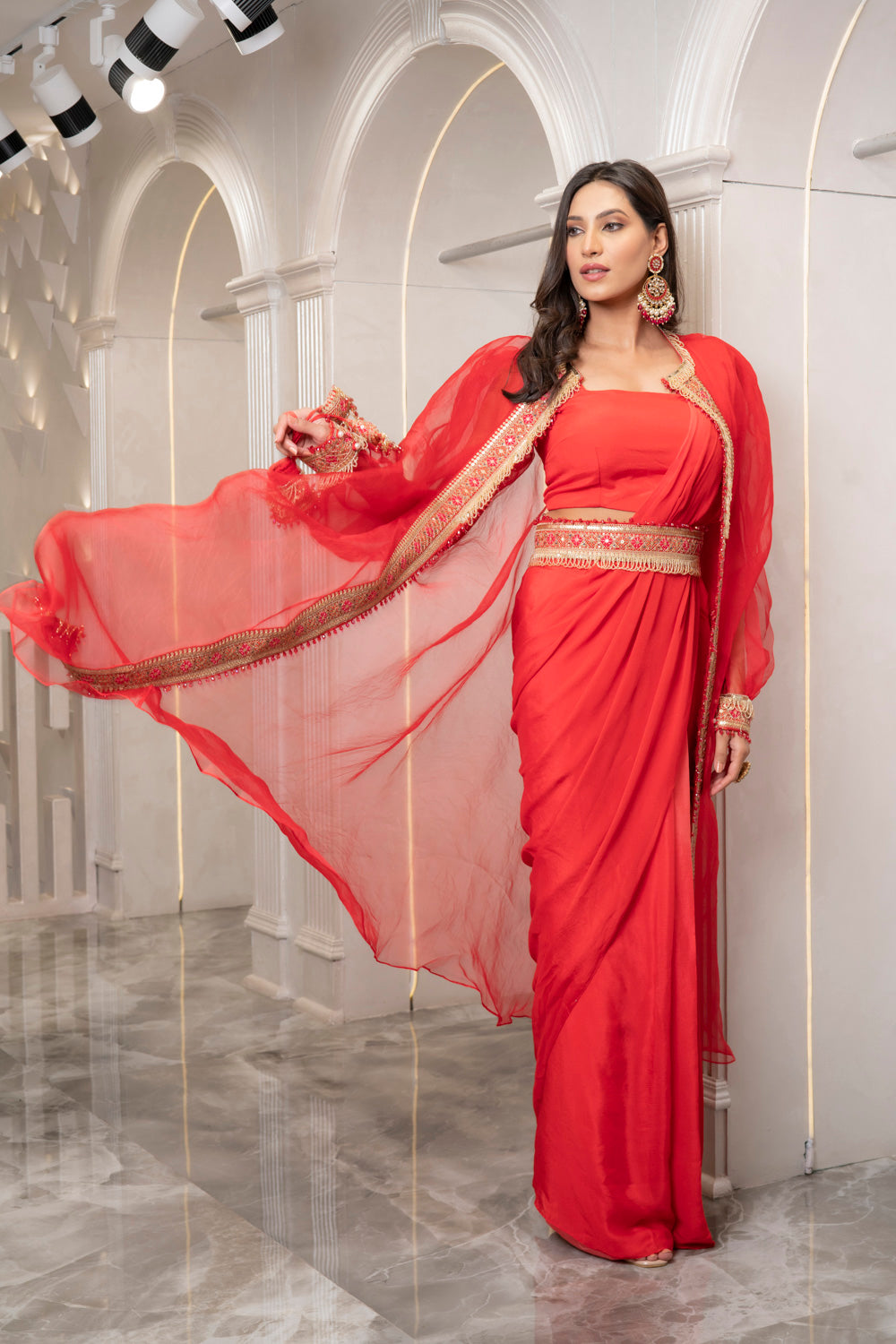 Red Pre Draped Saree With Embroidered Cape (7527275167990)