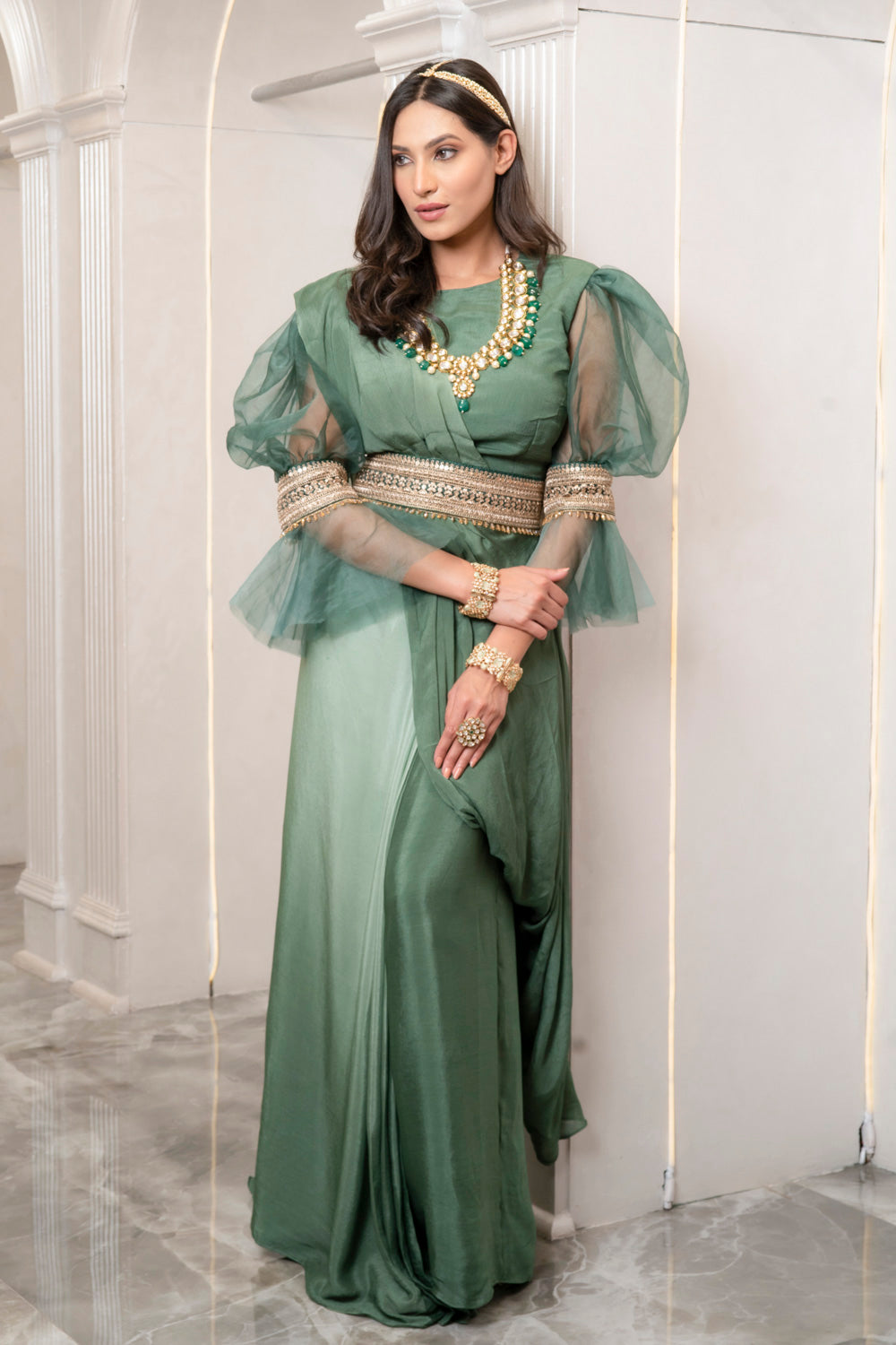 GREEN OMBRE PRE DRAPED SAREE WITH BELT – Swish By Dolcy & Simran