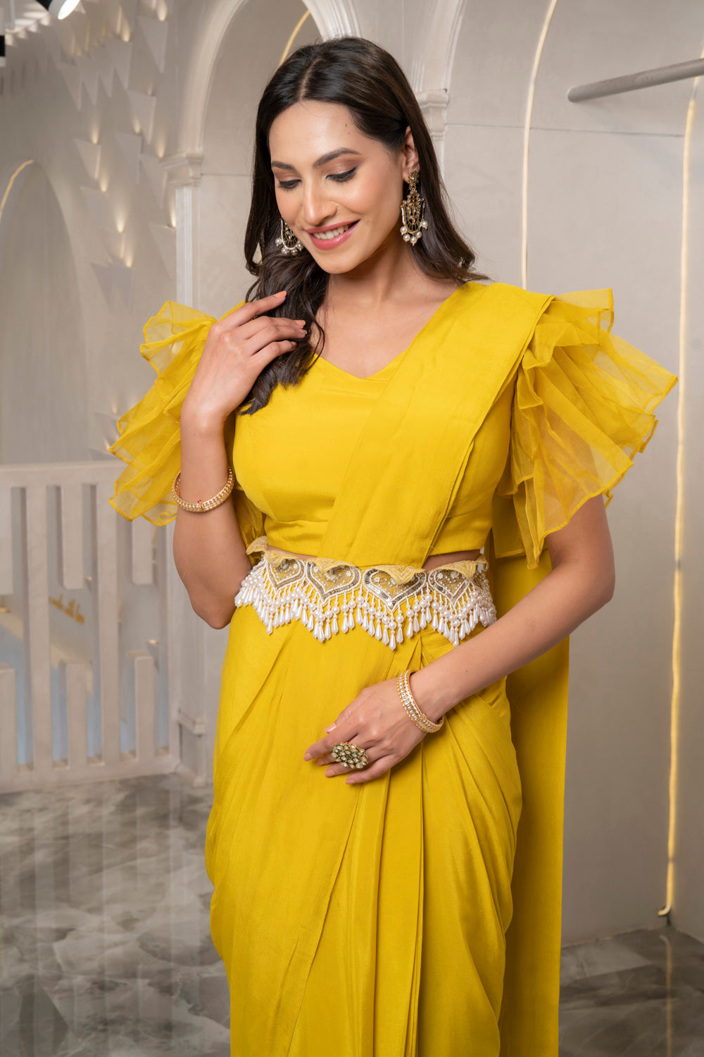 Ready To Wear Yellow Chiffon Shimmer Saree With Waist Belt