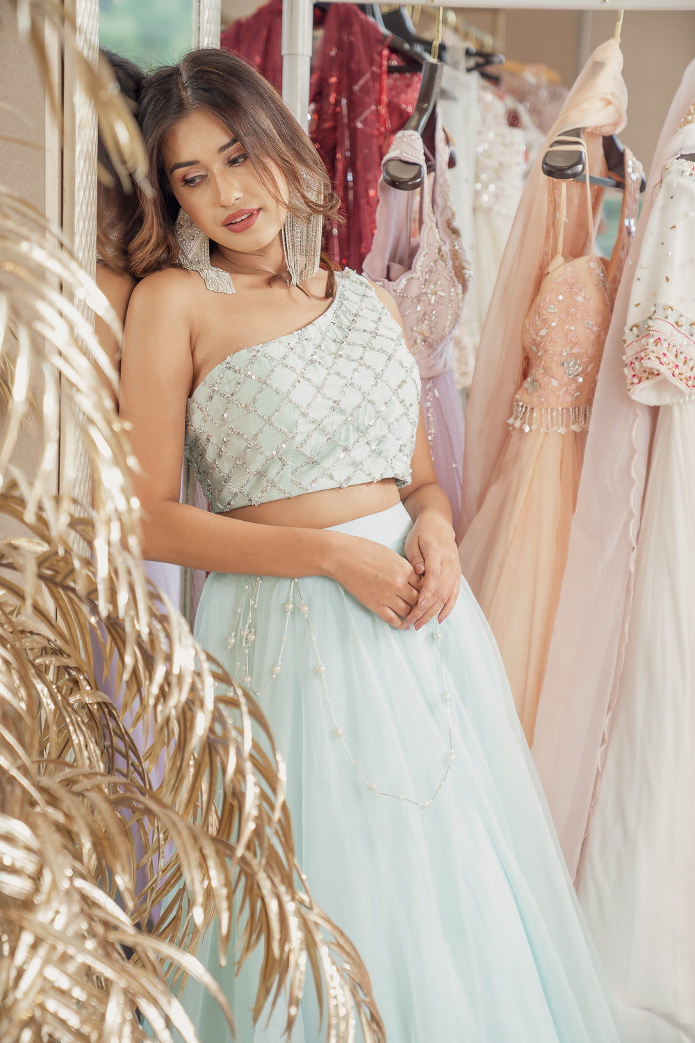 Mint Blue One Off Shoulder Blouse & Lehenga (6851323330743)