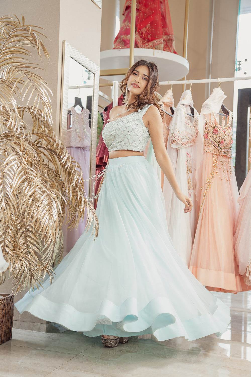 Mint Blue One Off Shoulder Blouse & Lehenga (6851323330743)