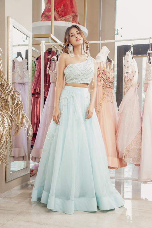 Mint Blue One Off Shoulder Blouse & Lehenga (6851323330743)