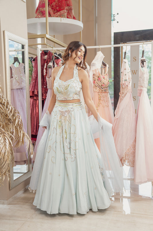 Mint Blue Pearl Lehenga Set (6851320348855)