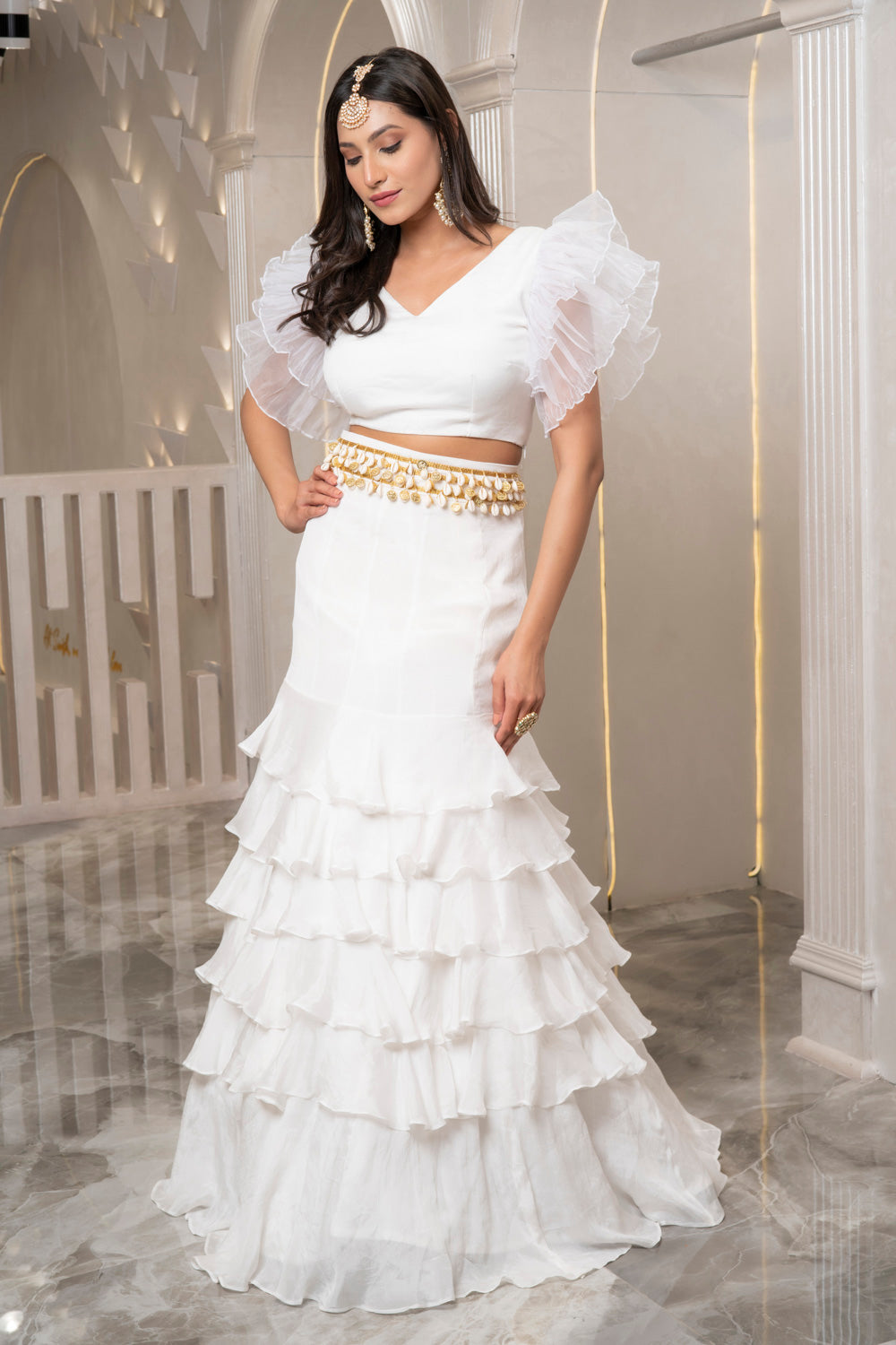 WHITE RUFFLE LAYERED LEHENGA SET (7531203264758)