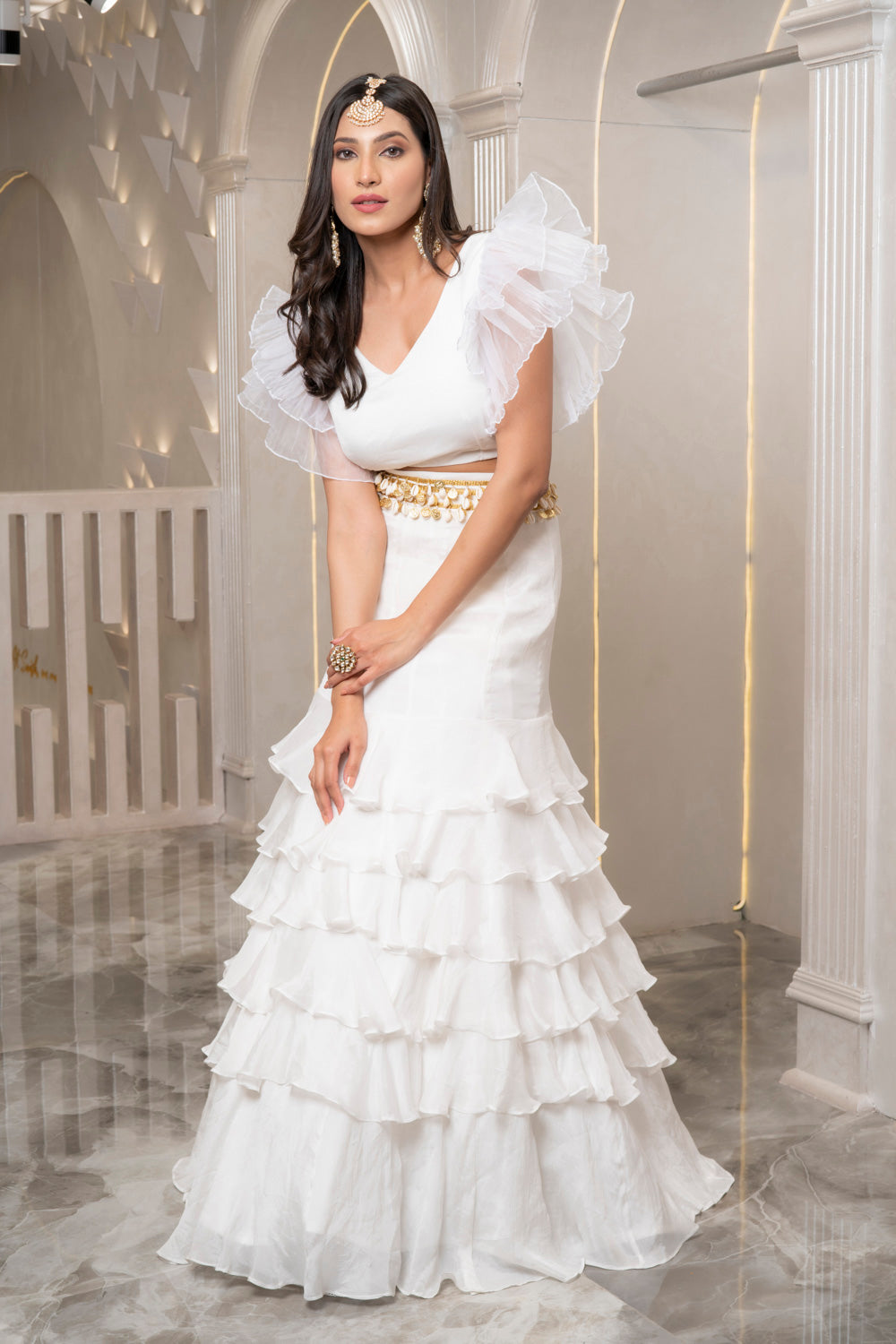 WHITE RUFFLE LAYERED LEHENGA SET (7531203264758)