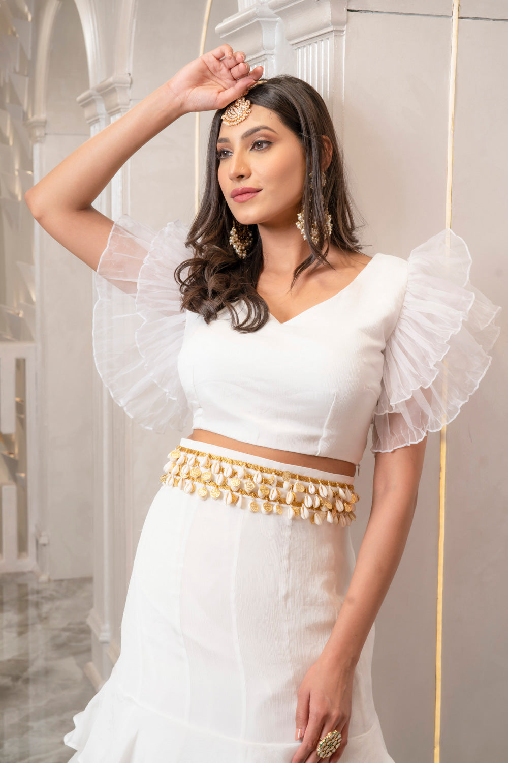 WHITE RUFFLE LAYERED LEHENGA SET (7531203264758)