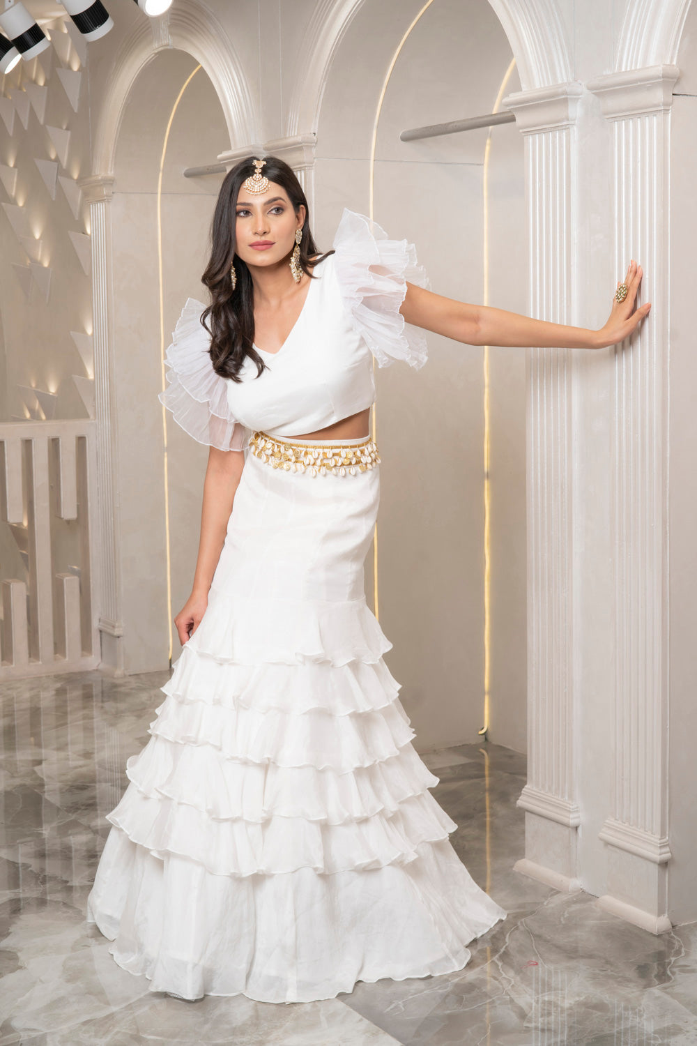 WHITE RUFFLE LAYERED LEHENGA SET (7531203264758)