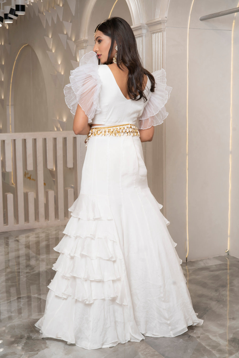 WHITE RUFFLE LAYERED LEHENGA SET (7531203264758)