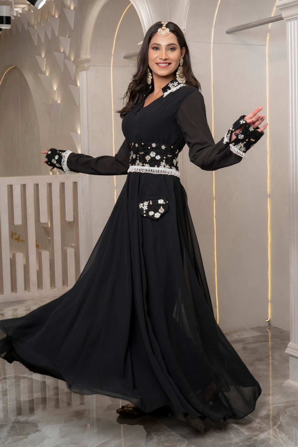 BLACK EMBELLISHED FIT AND FLARE GOWN (7531621581046)
