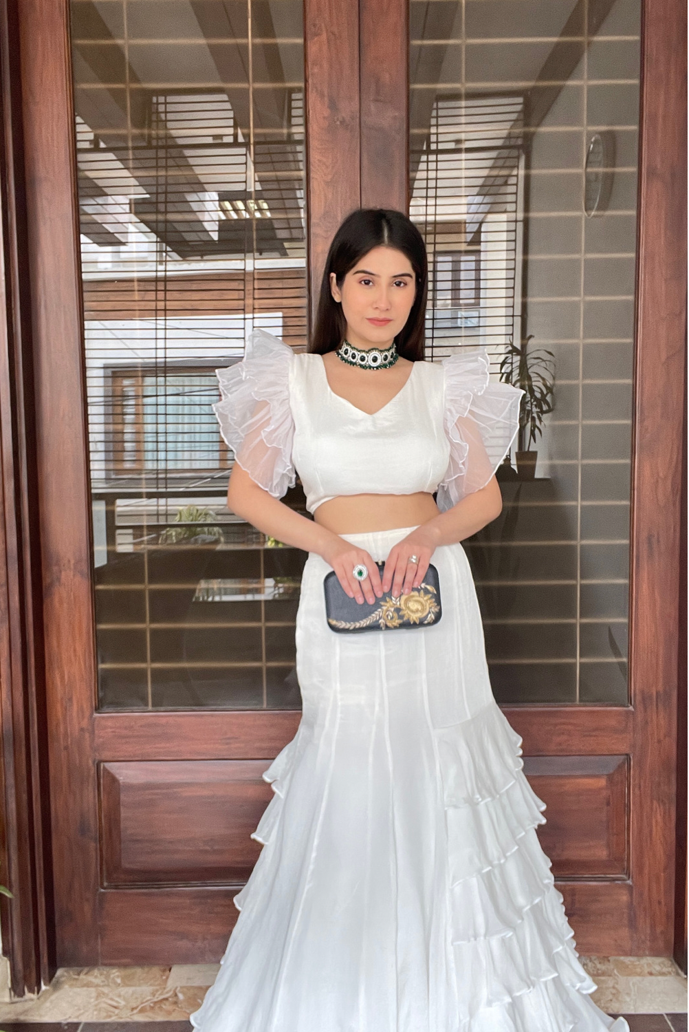 WHITE RUFFLE LAYERED LEHENGA SET (7531203264758)