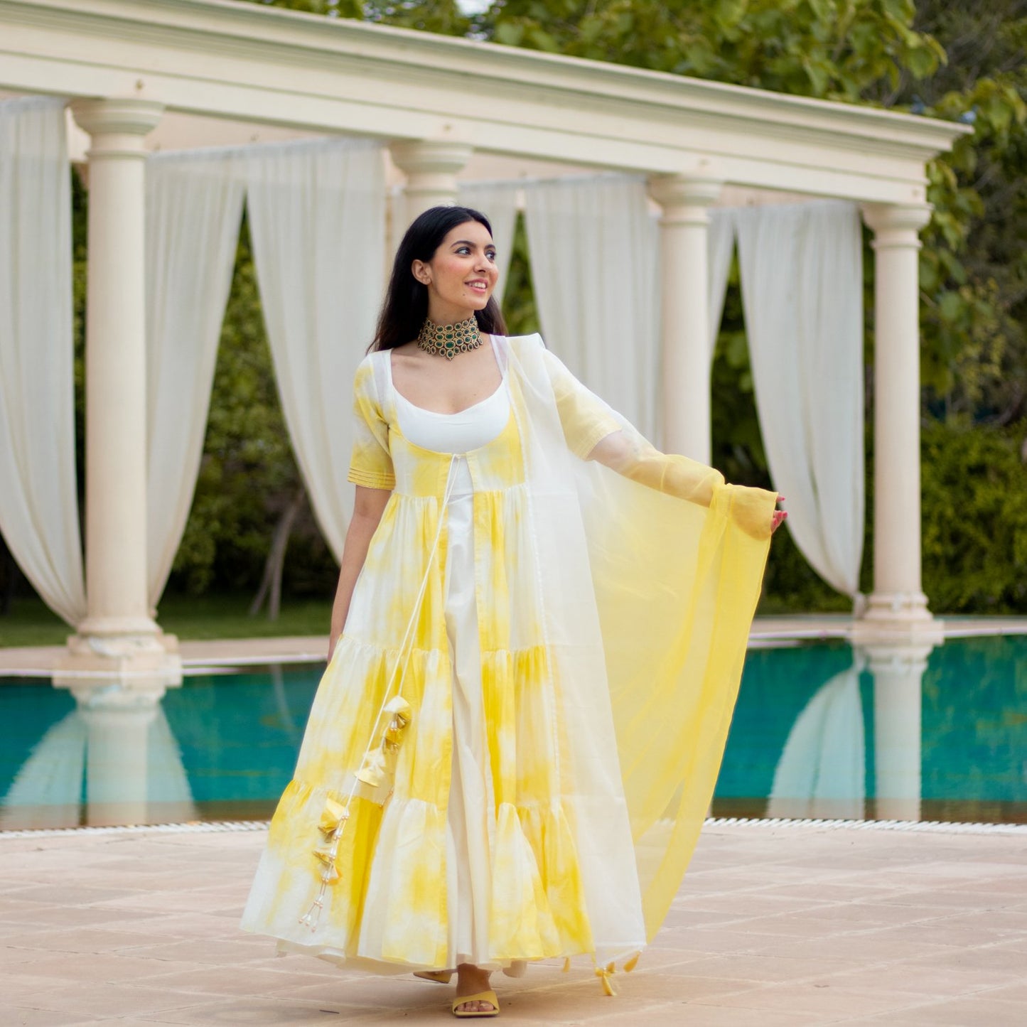 Yellow Tie Dye Jacket Kurti & Dupatta (6967578296503)