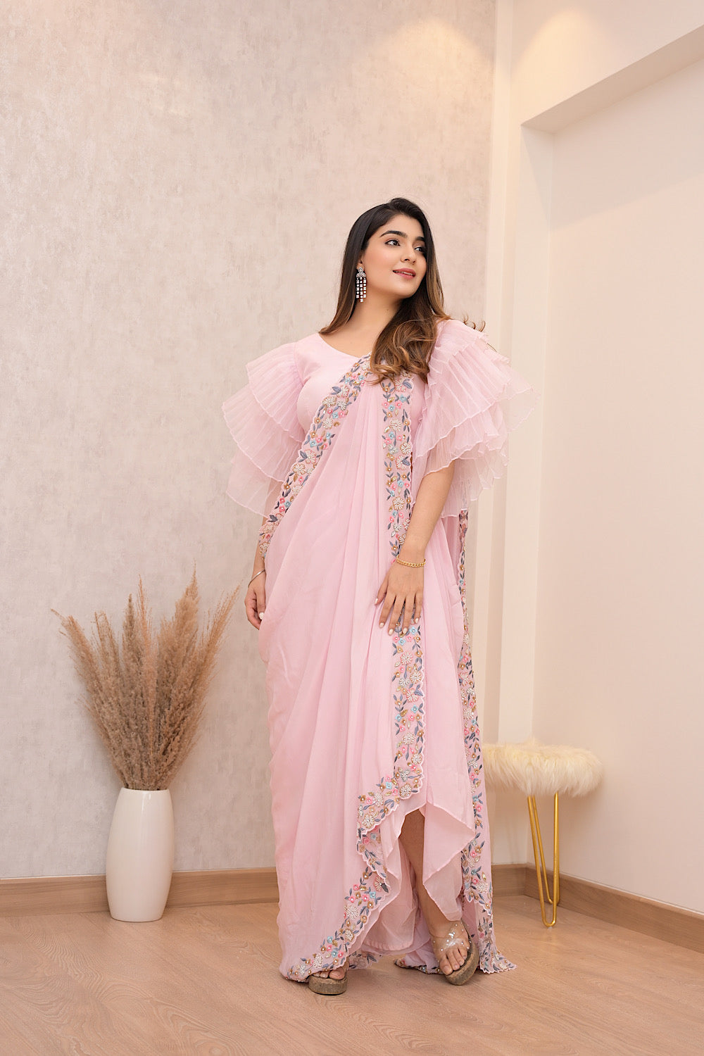 BABY PINK PRE DRAPED SAREE WITH PLEATED SLEEVE EMBELLISHED BLOUSE (7611706212598)