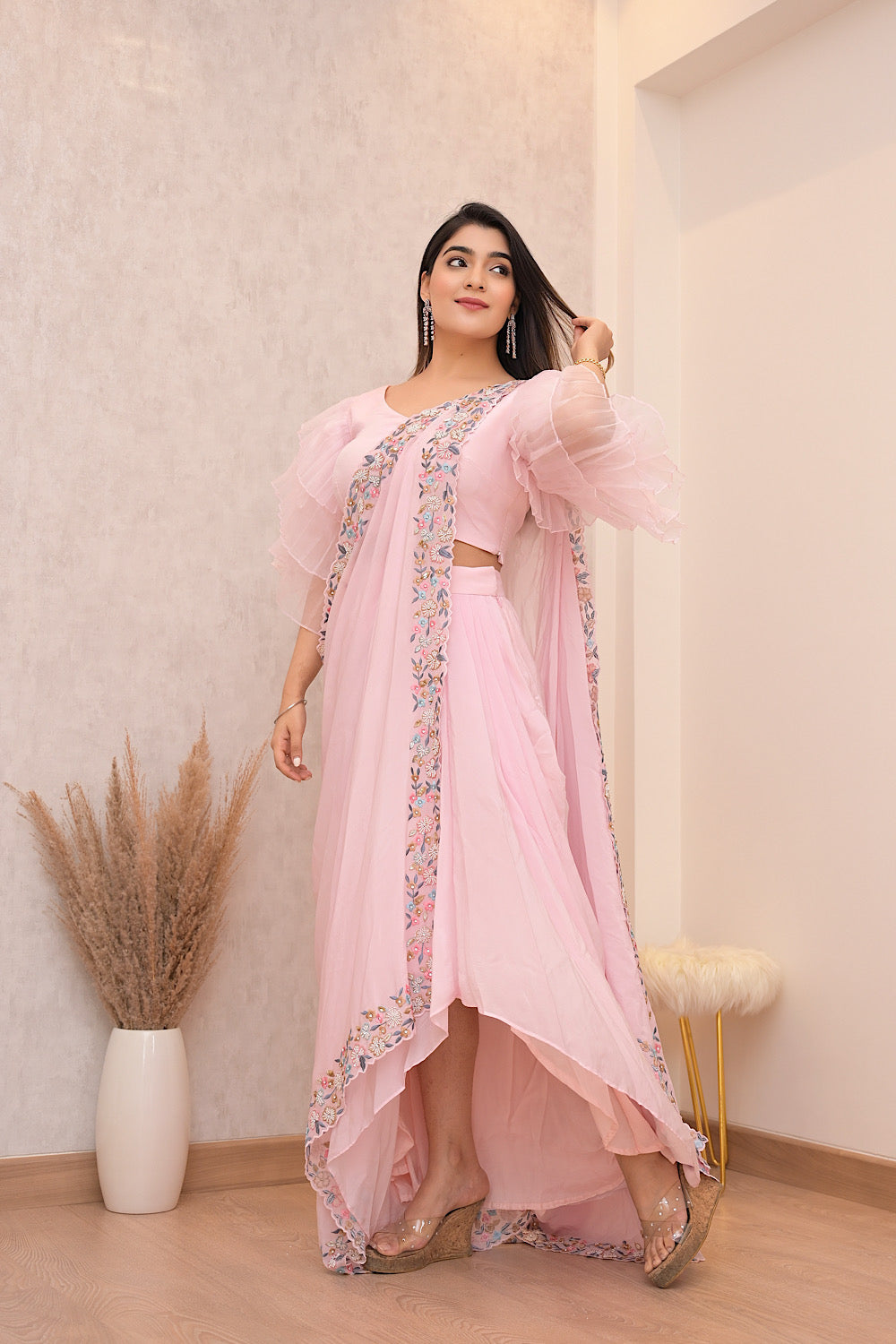 BABY PINK PRE DRAPED SAREE WITH PLEATED SLEEVE EMBELLISHED BLOUSE (7611706212598)