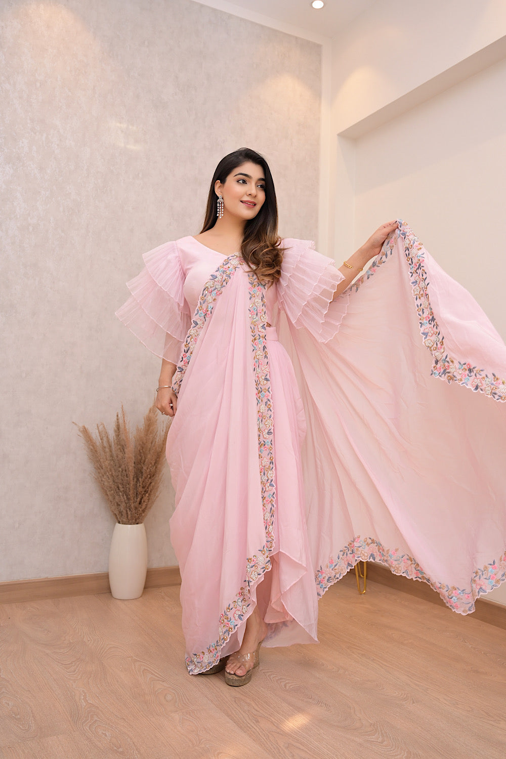 BABY PINK PRE DRAPED SAREE WITH PLEATED SLEEVE EMBELLISHED BLOUSE (7611706212598)