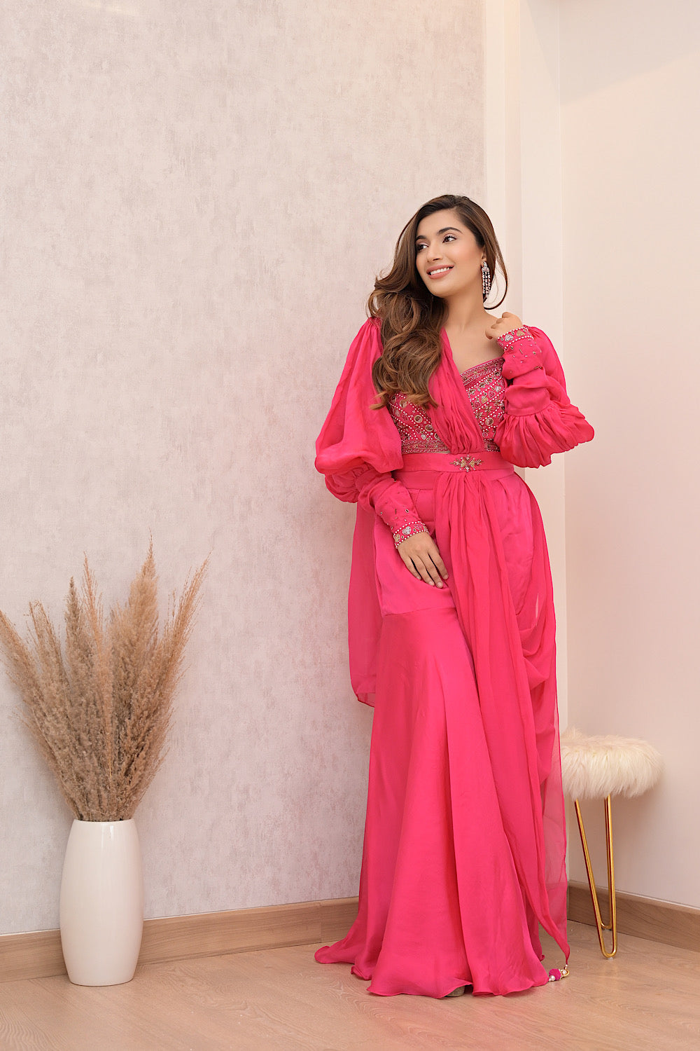 PINK PRE DRAPE SHARARA SET WITH BALLOON SLEEVE EMBELLISHED BLOUSE (7611705491702)