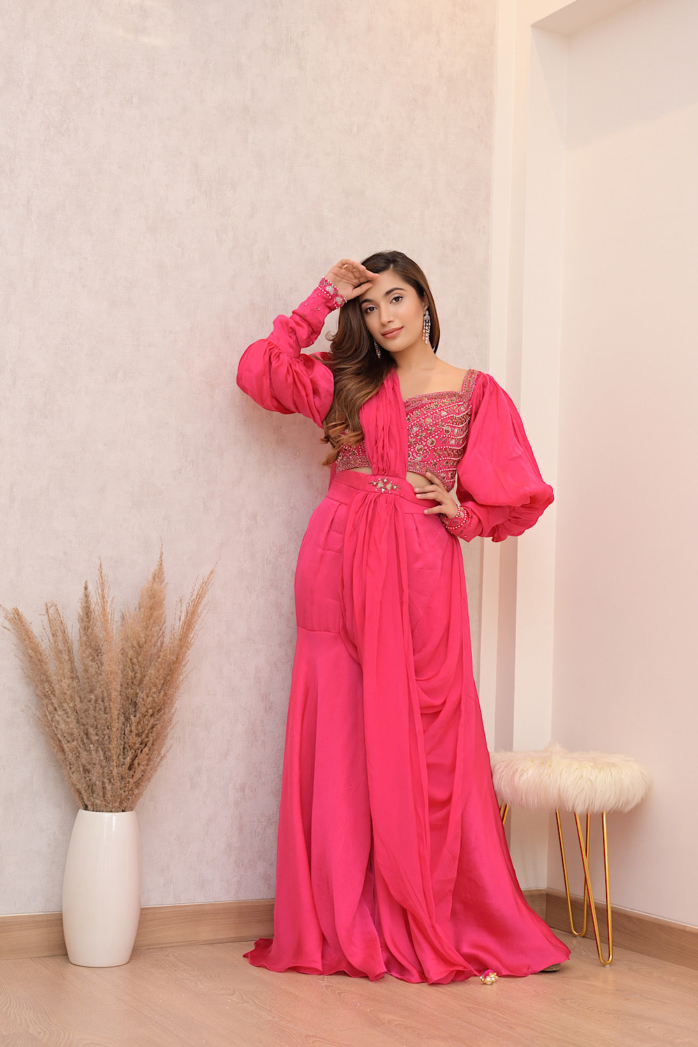 PINK PRE DRAPE SHARARA SET WITH BALLOON SLEEVE EMBELLISHED BLOUSE (7611705491702)