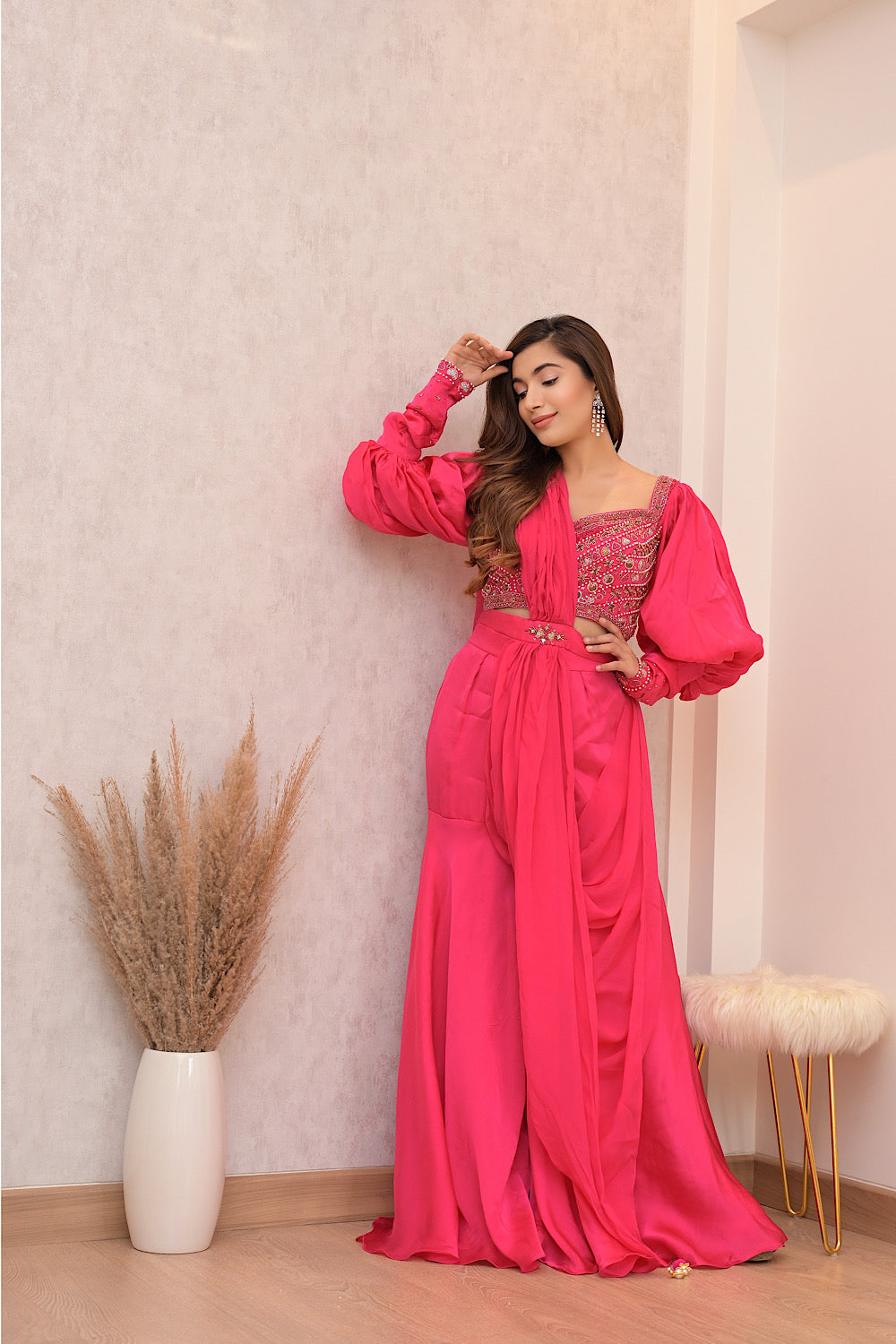 PINK PRE DRAPE SHARARA SET WITH BALLOON SLEEVE EMBELLISHED BLOUSE (7611705491702)