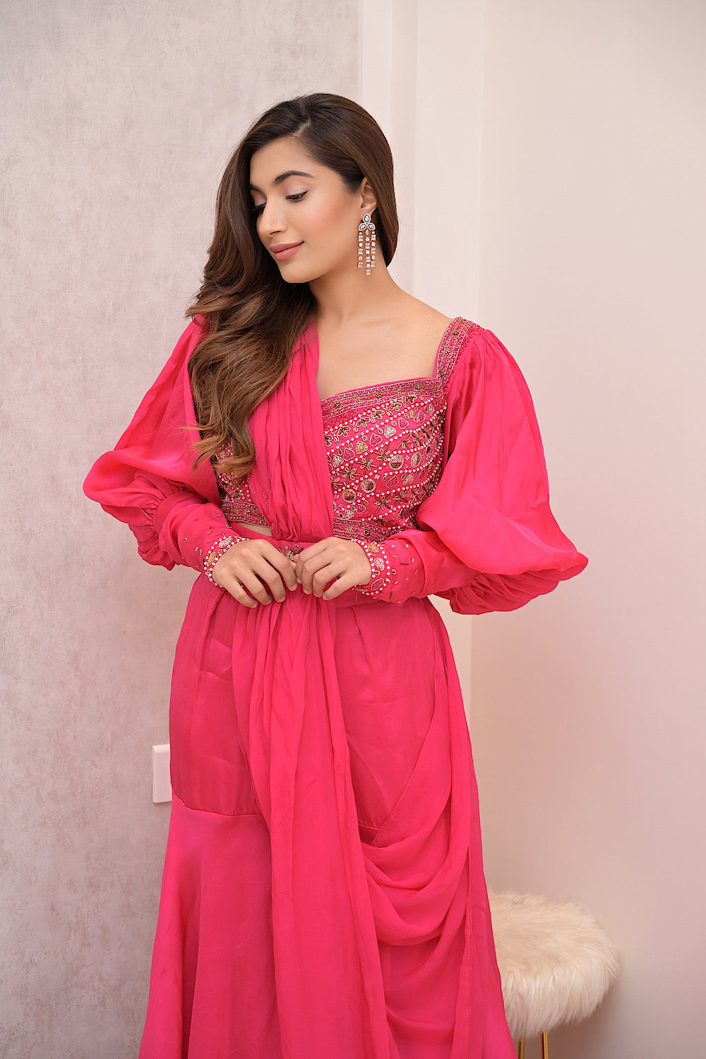 PINK PRE DRAPE SHARARA SET WITH BALLOON SLEEVE EMBELLISHED BLOUSE (7611705491702)