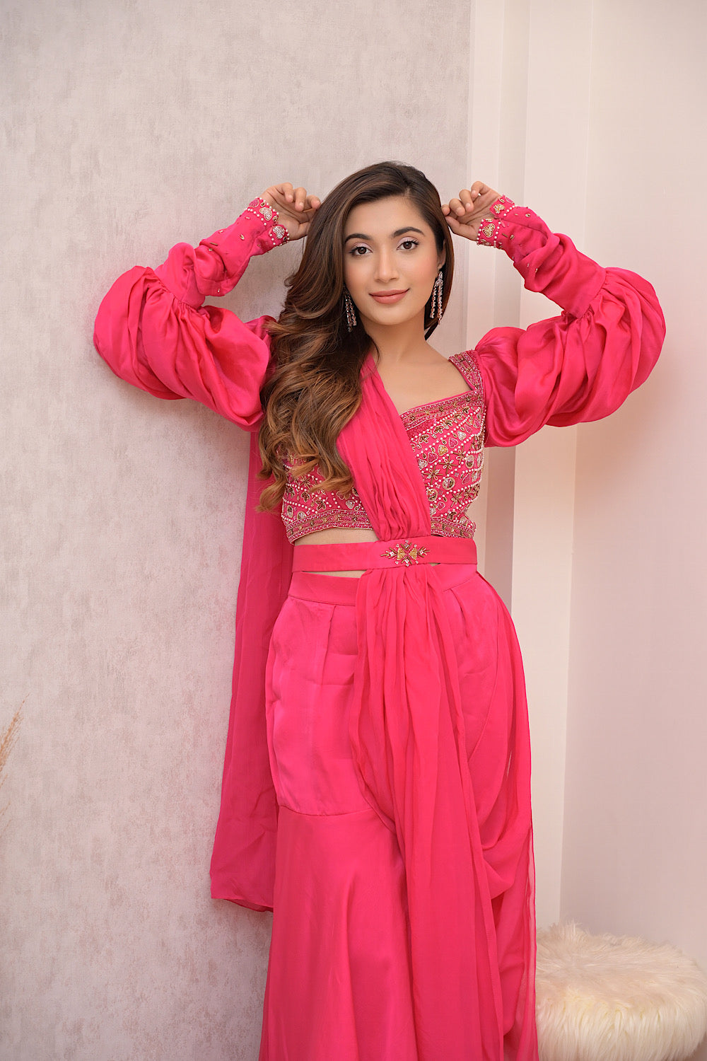 PINK PRE DRAPE SHARARA SET WITH BALLOON SLEEVE EMBELLISHED BLOUSE (7611705491702)
