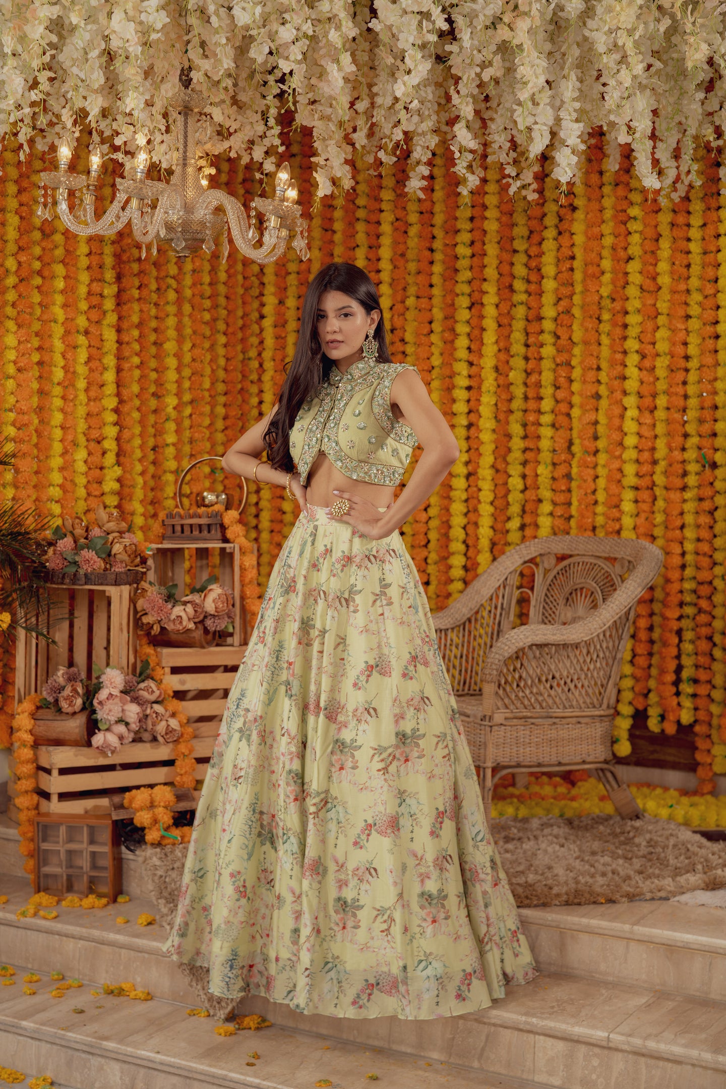 MINT GREEN EMBELLISHED BLOUSE WITH FLORAL PRINT LEHENGA SKIRT (7777733476598)