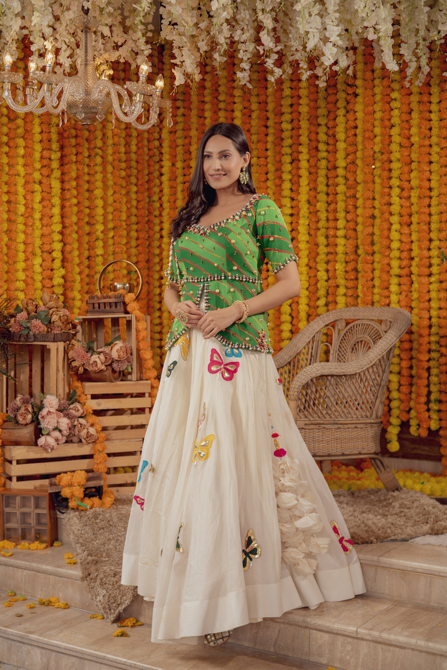 GREEN LEHERIYA EMBELLISHED LEHENGA SET (7777741603062)
