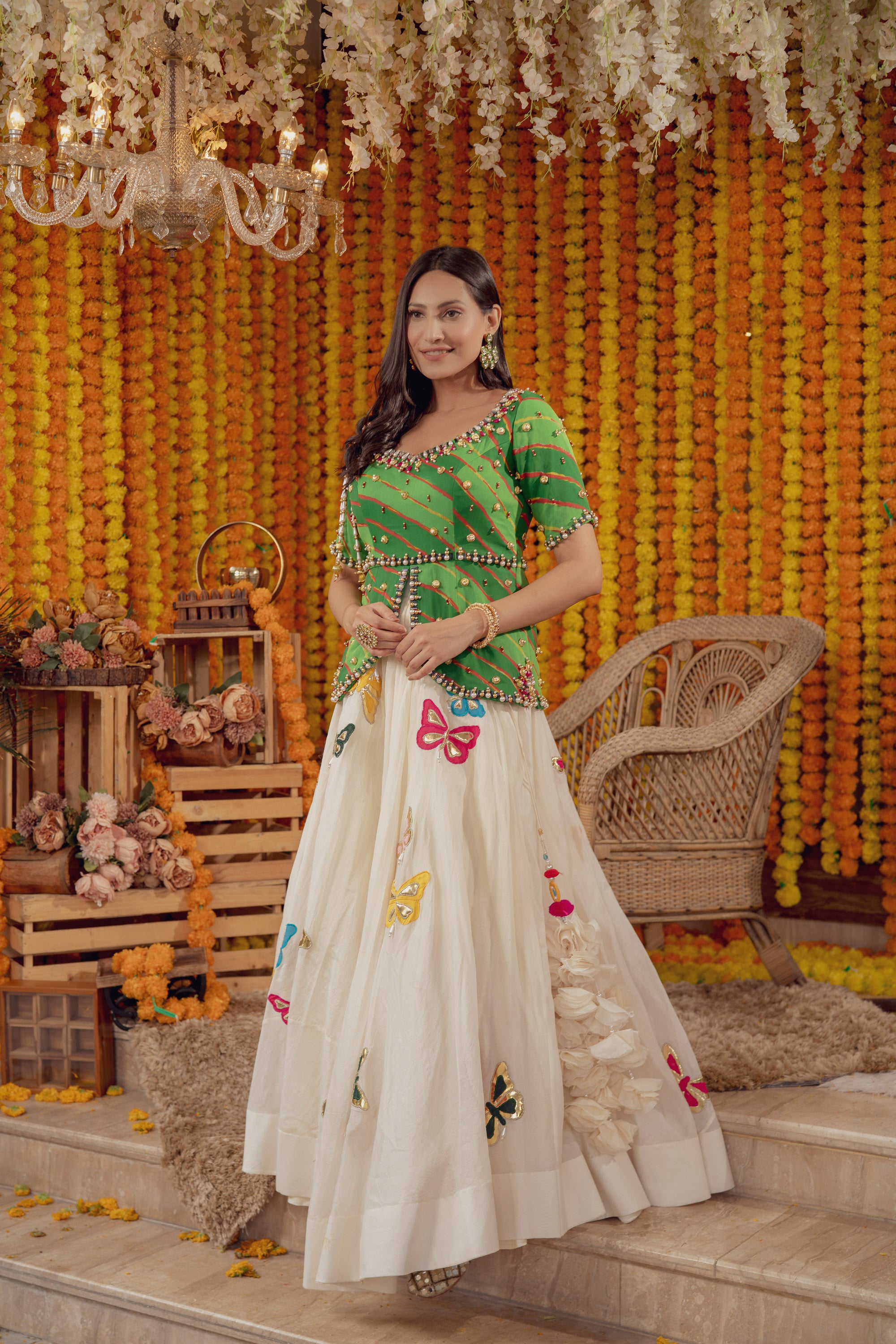 GREEN LEHERIYA EMBELLISHED LEHENGA SET (7777741603062)