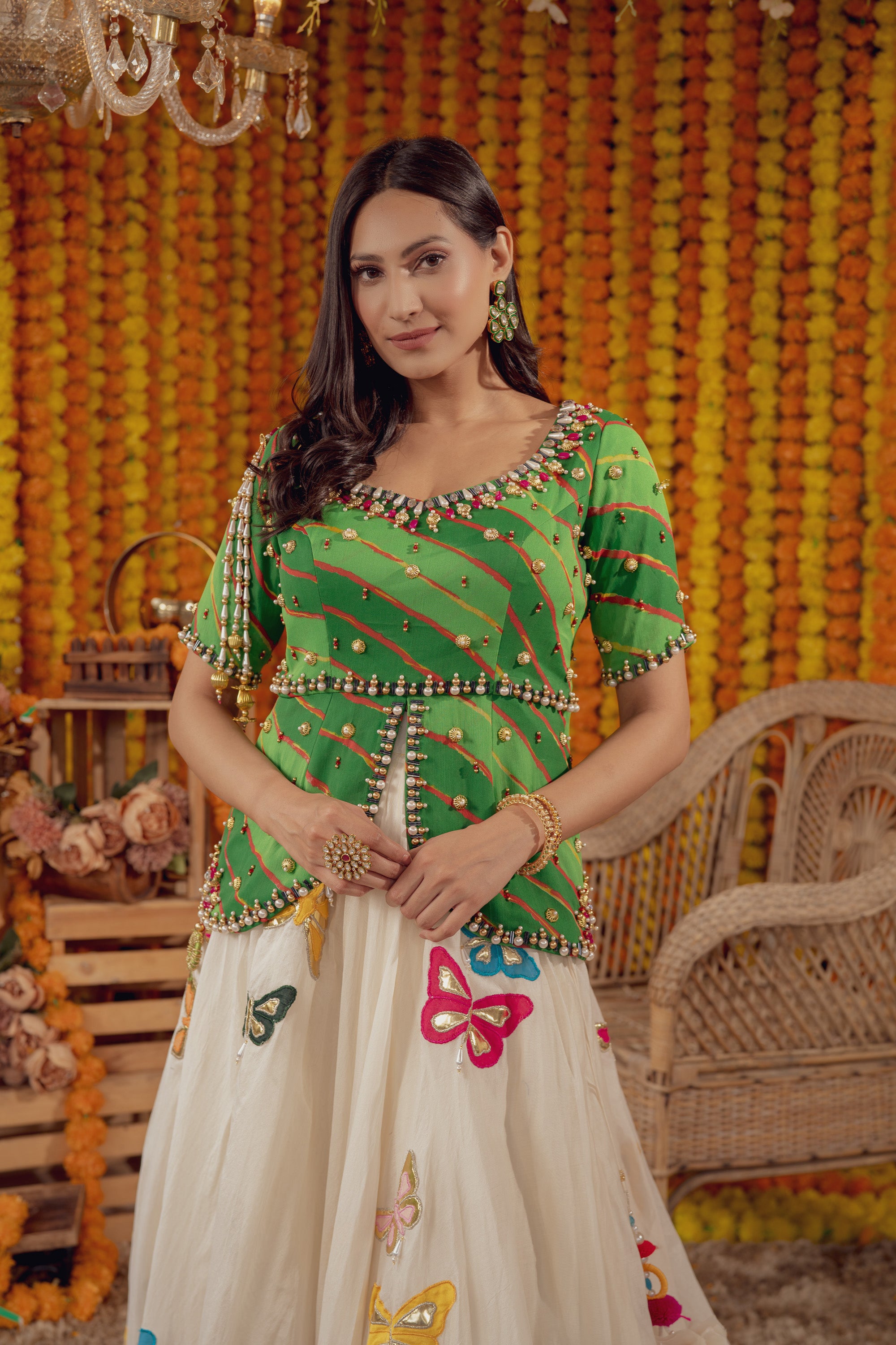 GREEN LEHERIYA EMBELLISHED LEHENGA SET (7777741603062)