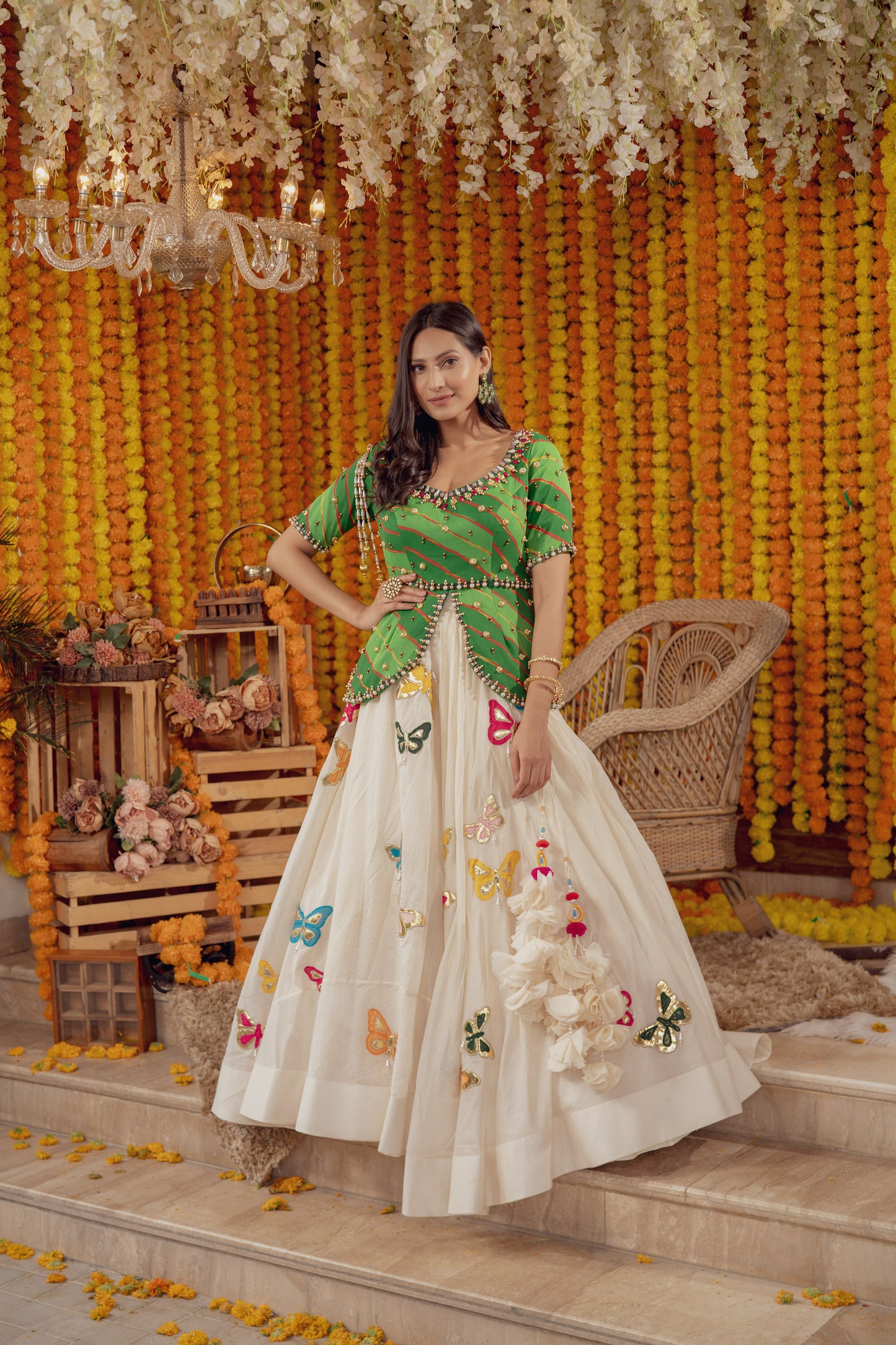 GREEN LEHERIYA EMBELLISHED LEHENGA SET (7777741603062)